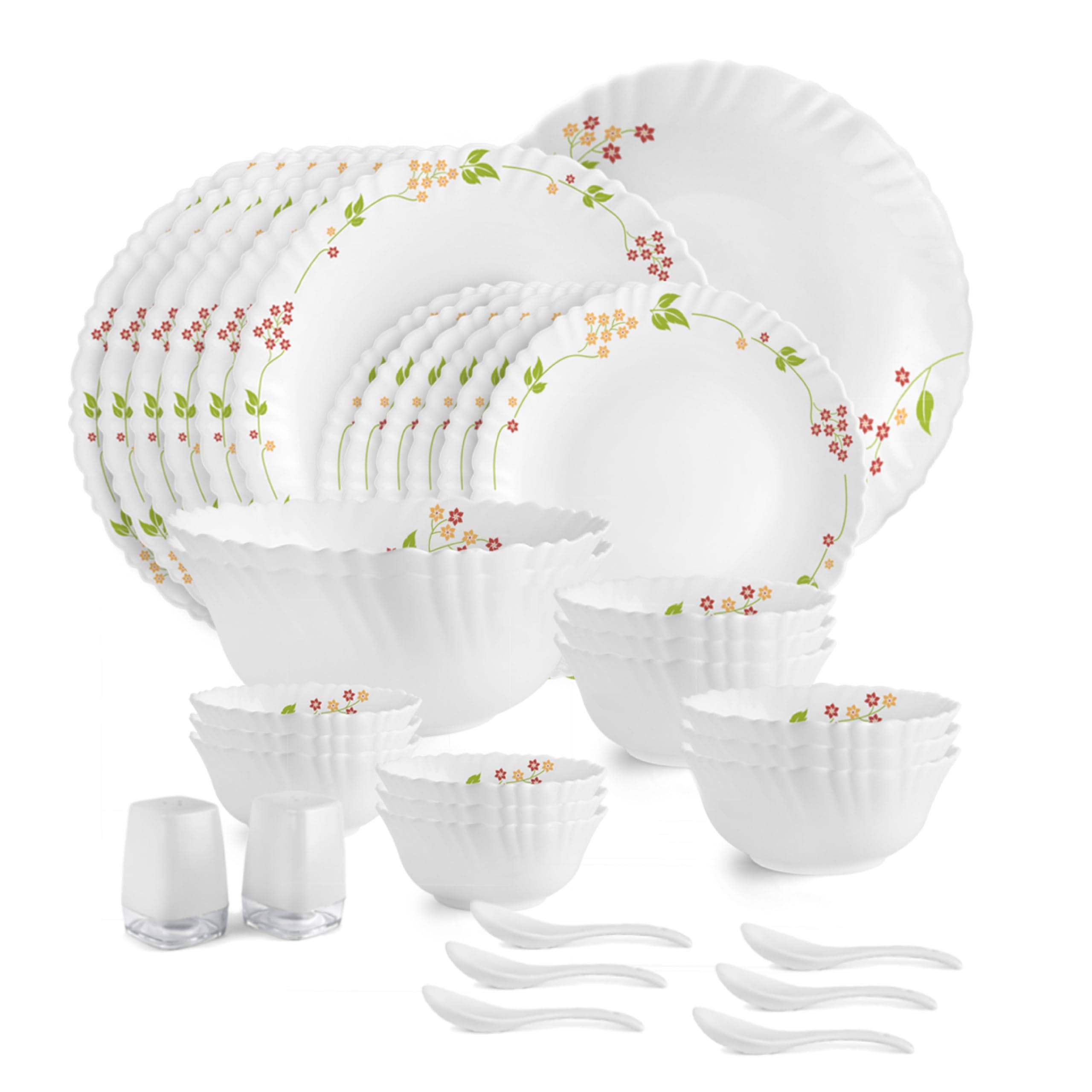 Cello Opalware seria Dazzle Secret Garden zestaw obiadowy, 35 sztuk, zestaw obiadowy ze szkła opalowego dla 6 osób, lekki, zestaw naczyń do codziennego użytku do jadalni, zestaw białych talerzy i
