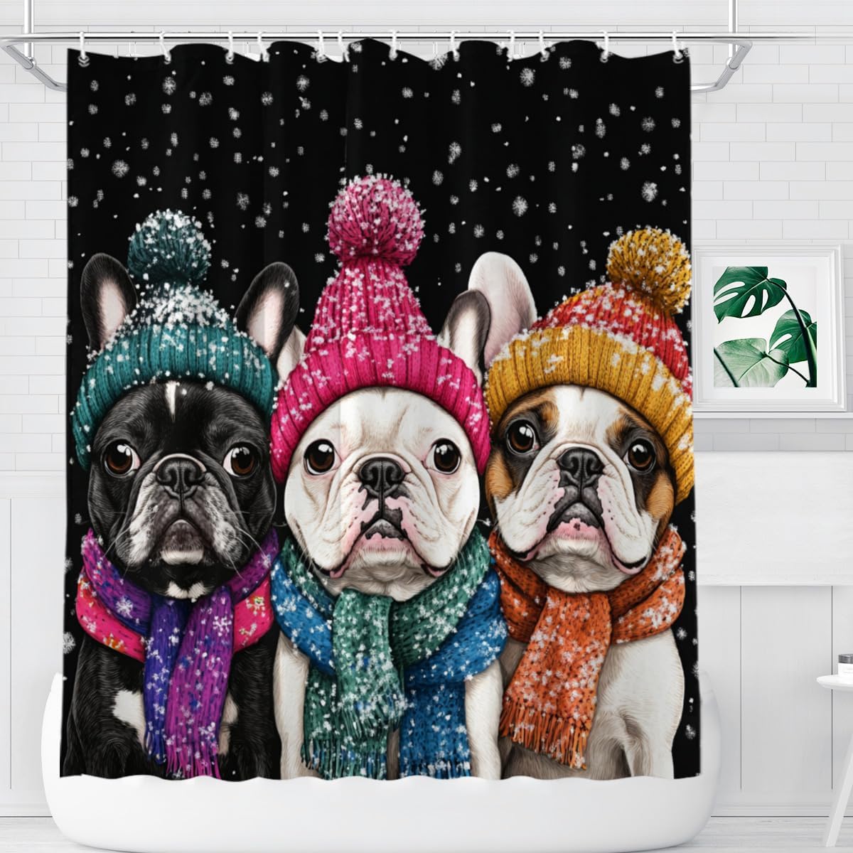 NGZ Winter 72x72 Inches Shower Curtain Christmas Shower Curtain, Cute French Bulldog Shower Curtains for Bathroom, Snow Fabric Bath Curtains Set with 12 Hooks