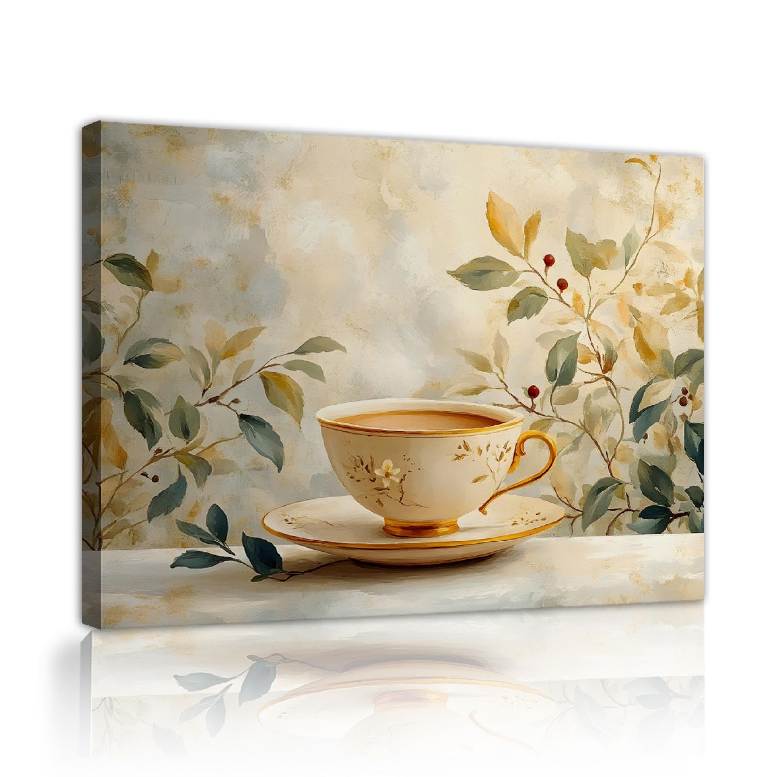 CHERHERART Lienzo de hoja botánica Arte de pared Exquisito juego de té café Impresión de cartel Elegante y acogedor Decoración de pared para restaurante Salón de té 75x100cm Marco interior
