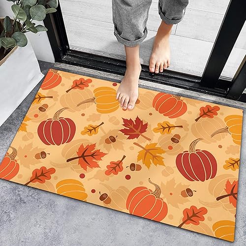Bath Rugs Entrance Non Slip Front Door Mat Fall Farm Pumpkin Maple Leaves Kitchen Carpets Thanksgiving Harvest Orange Red Floor Mats for Bathroom
