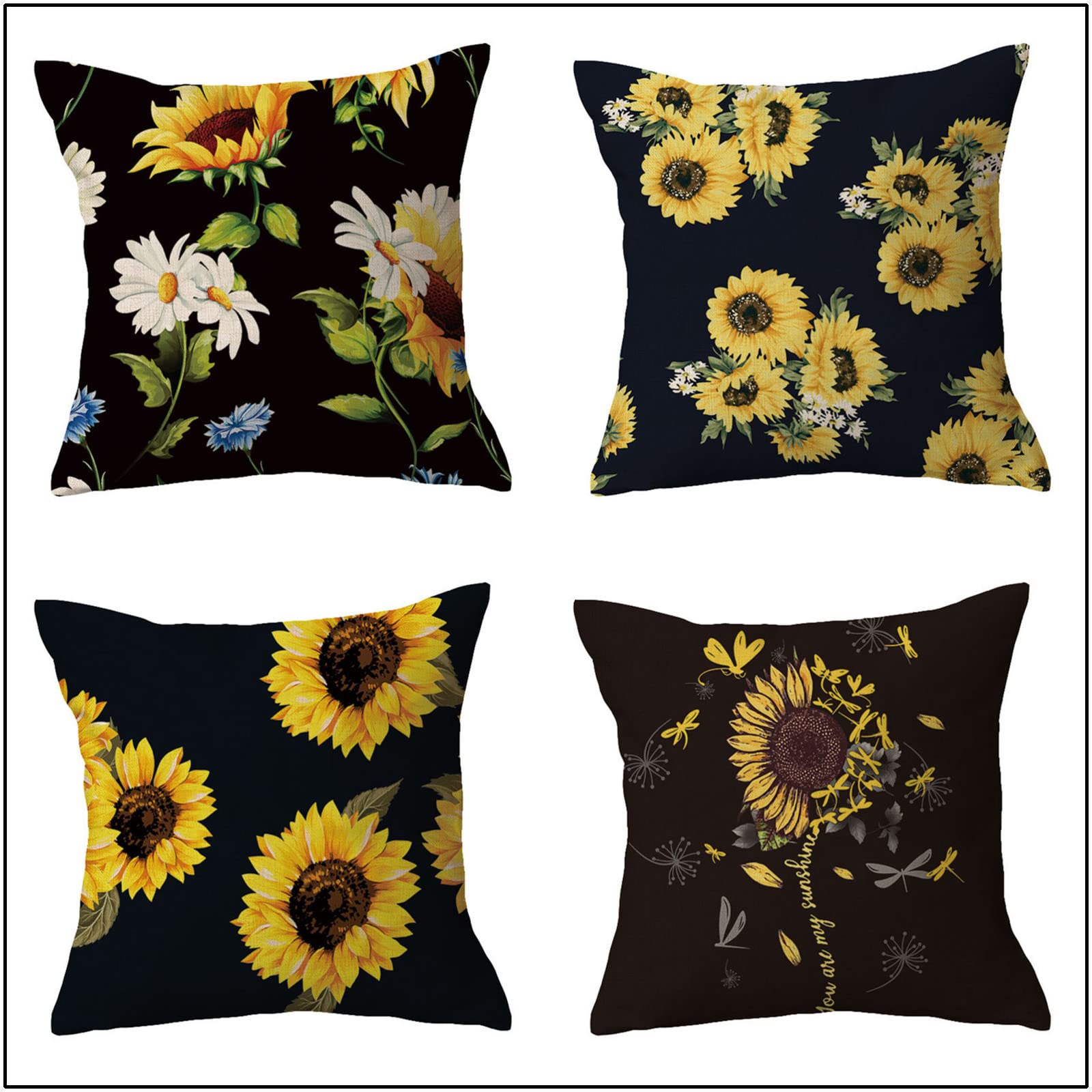 Set di 4 fodere per cuscini da divano, federa per cuscino in lino con margherita gialla e girasole, decorazione per soggiorno, letto, giardino, intern | Leroy Merlin