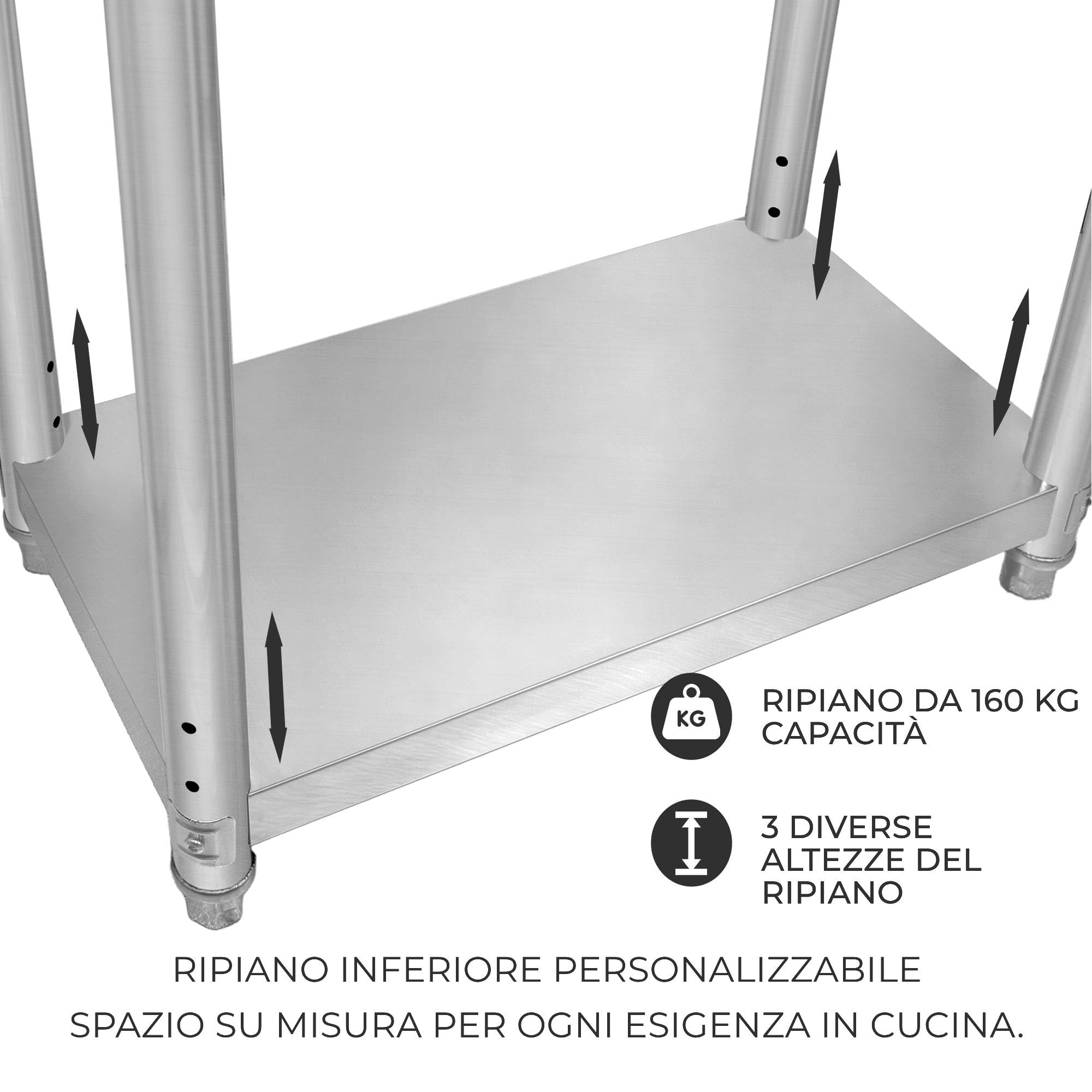 Tavolo da cucina in acciaio inox per la preparazione dei cibi con 4 ruote piroettanti con 2 freni e 4 piedini adattabili Ripiano inferiore regolabile 3 posizioni Portata 160 kg 60cm x 90cm x 86cm