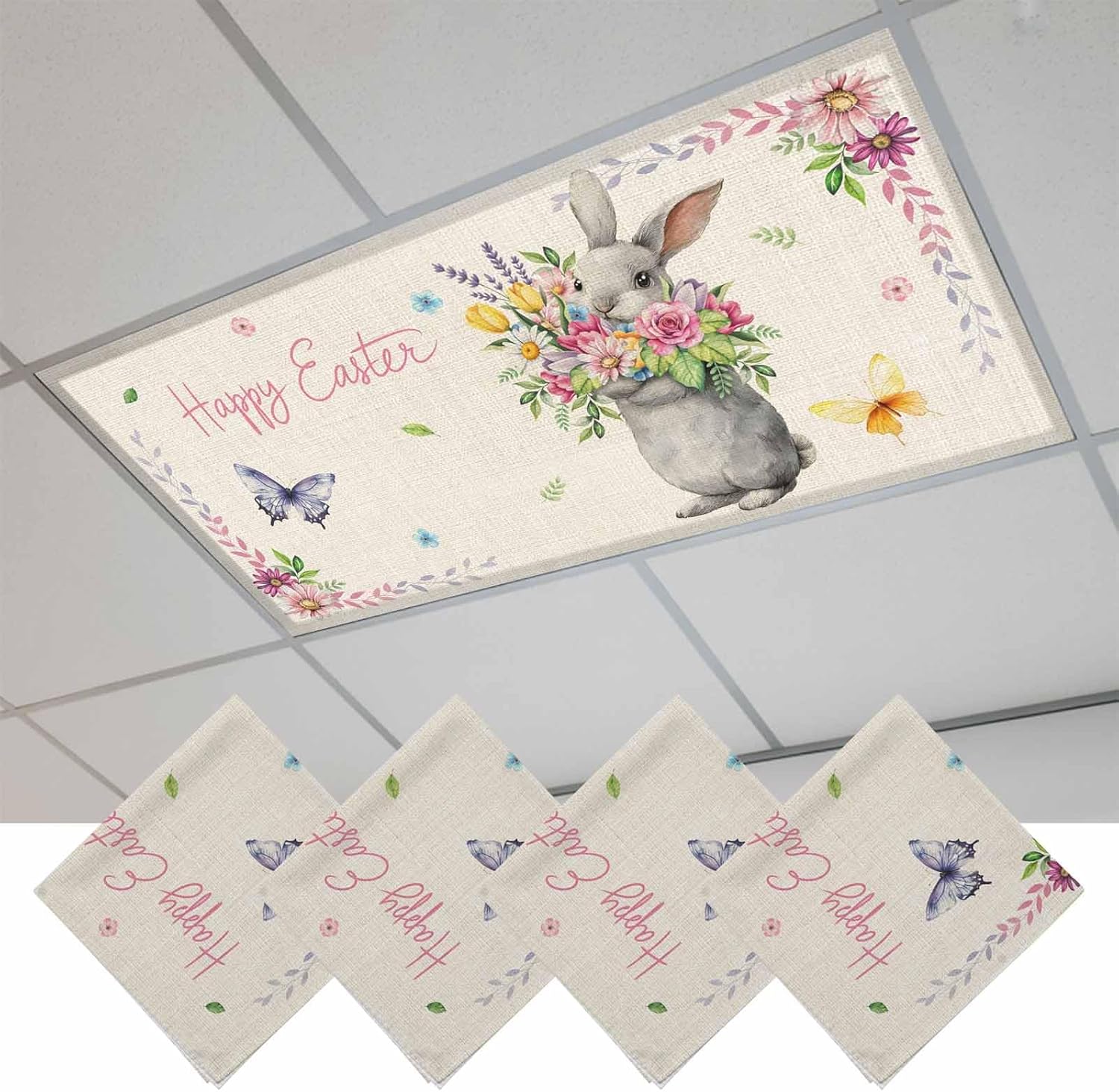 Happy Easter Fluorescent Light Covers for Ceiling Lights 4x2 feet,4 Pack Magnetic Light Filters for Classroom,Cute Bunny Vintage Spring Flowers Butterfly Fluorescent Lamp Shade Panel for Office School