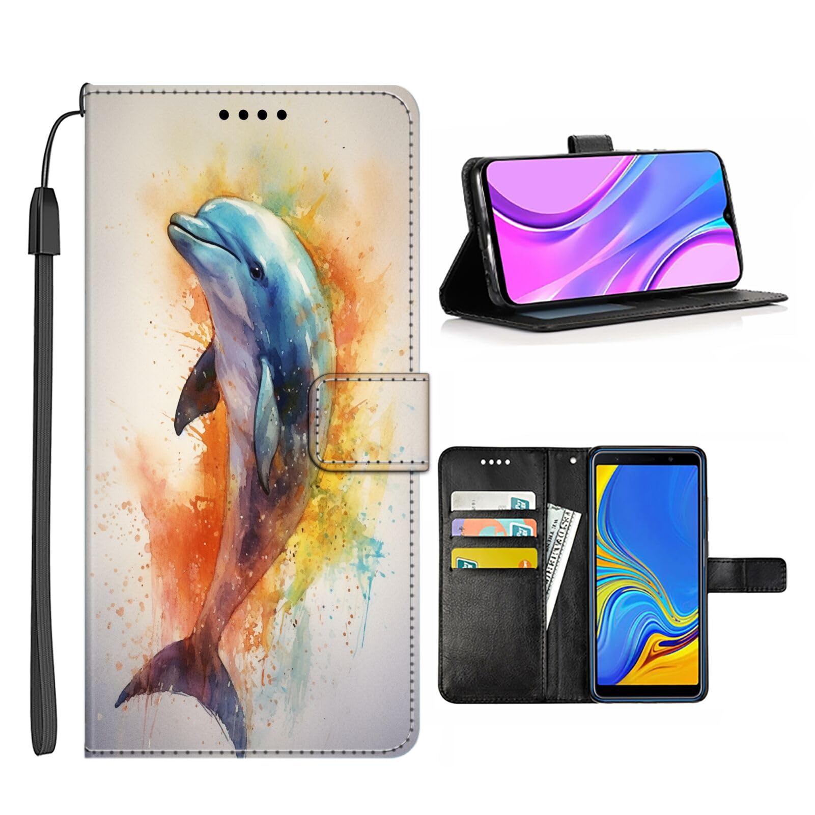Wallet Case for iPhone 14 Pro Max with Dolphin-aa109 Pattern PU Leather Flip Folio ID&Credit Cards Pocket Lanyard Multicolor
