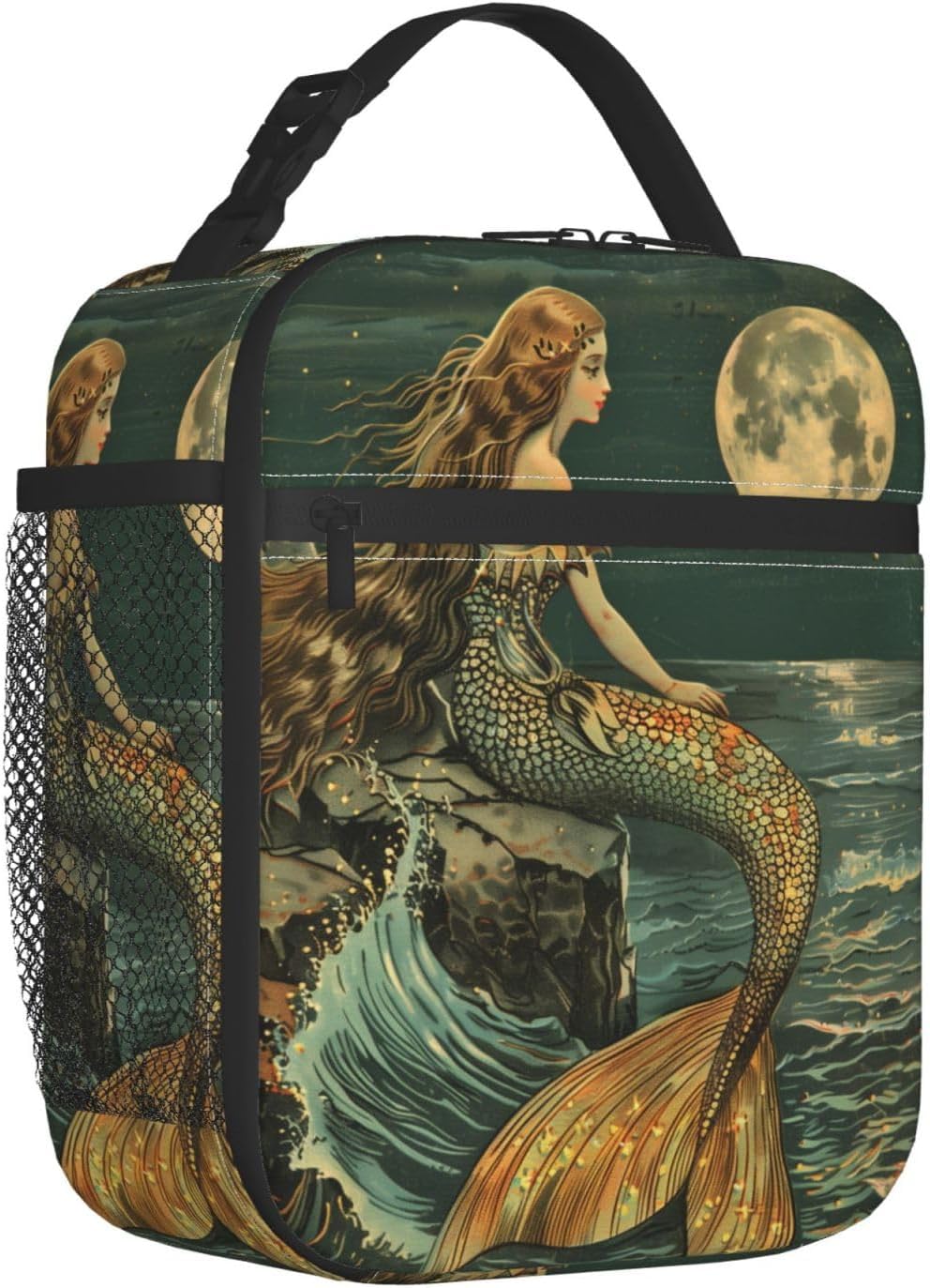 Vintage Mermaid Insulated Lunch Box for Women Men Moon and Ocean Design Lunch Bag for Work,Picnic,Travel,Hiking,Beach or Fishing Polyester Fantasy Lovers Lunch Box