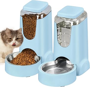 Portable Automatic Cat Feeder and Water Dispenser with Stainless Steel Bowl Dog Gravity Food Feeder and Waterer for Small Medium Pets Puppy Kitten 1 Gallon x 2 Light Blue3.8L*2