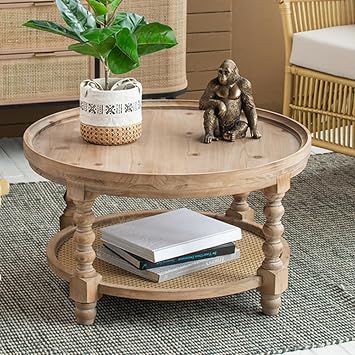 29.7 Wood Round Coffee Table with Rattan Storage Shelf Farmhouse French Country Rustic 2-Tier Circle Coffee Table Center Table Tea Table for Living Room Apartment Office Natural Wood
