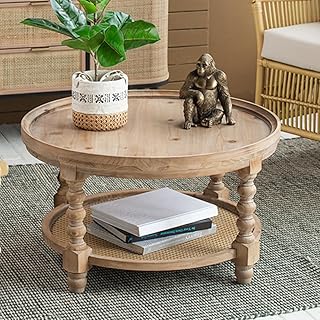 29.7'' Wood Round Coffee Table with Rattan Storage Shelf Farmhouse French Country Rustic 2-Tier Circle Coffee Table Center Table Tea Table for Living Room Apartment Office Natural Wood
