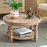 SPMETUYO 29.7'' Wood Round Coffee Table with Rattan Storage Shelf Farmhouse French Country Rustic 2-Tier Circle Coffee Table Center Table Tea Table for Living Room Apartment Office Natural Wood