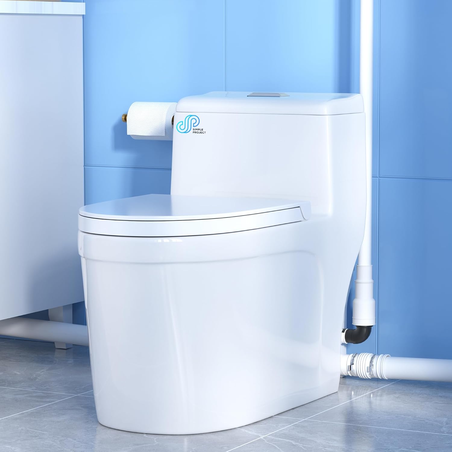 Simple Project 600w Macerating ToiletSystem, One-Piece Upflush Toilet with Pump for Basement, Powerful & Quiet Up Flush Toilets with 3 Water Inlet & AcVent, Rear Outlet Toilet Bowl, Sink & Shower