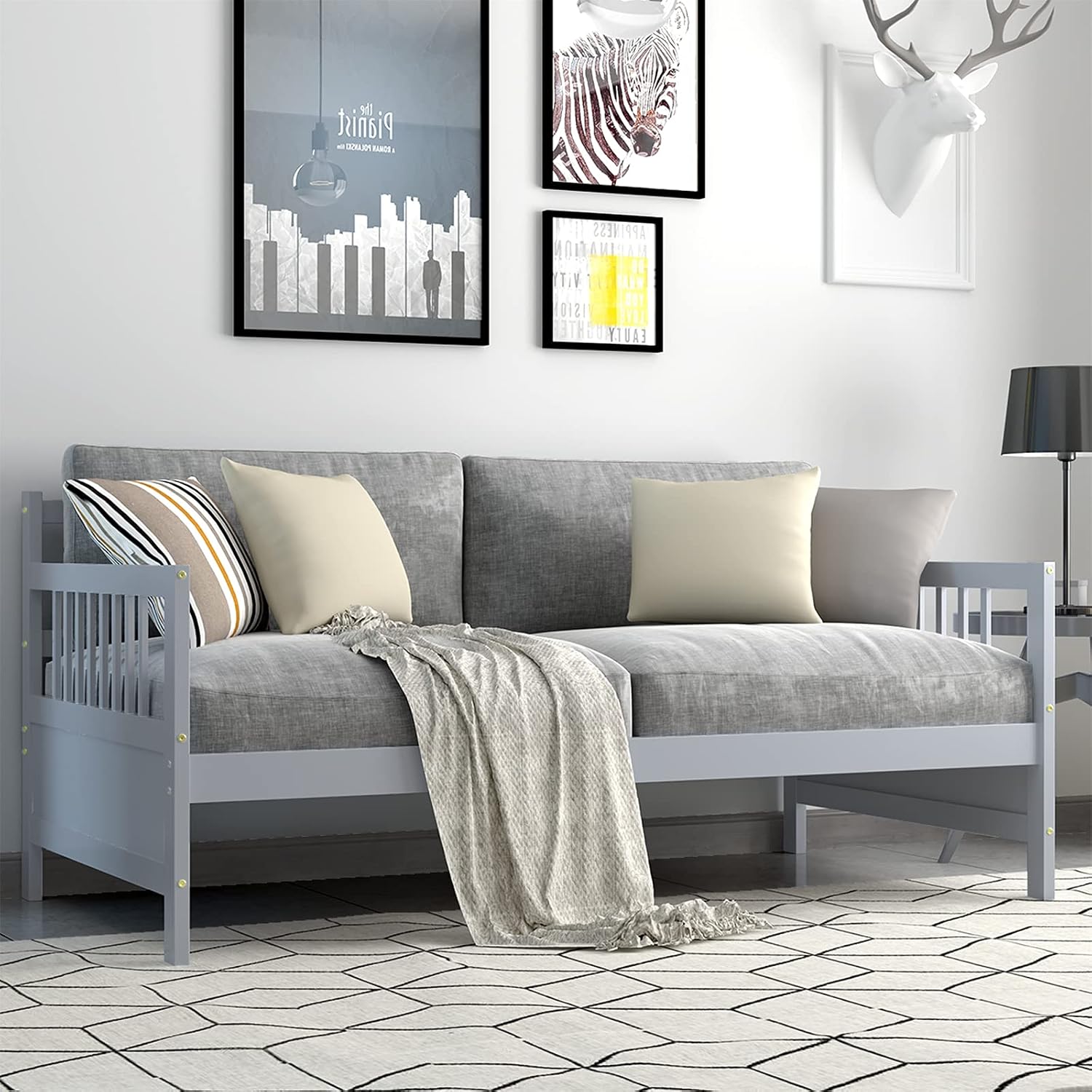 Giantex Twin Daybed Frame, Wooden Sofa Bed Guest Bed with Rails & Wood Slat Support, Dual-use Twin Size Platform Bed Frame for Living Room Bedroom, No Box Spring Needed (Twin,Grey)