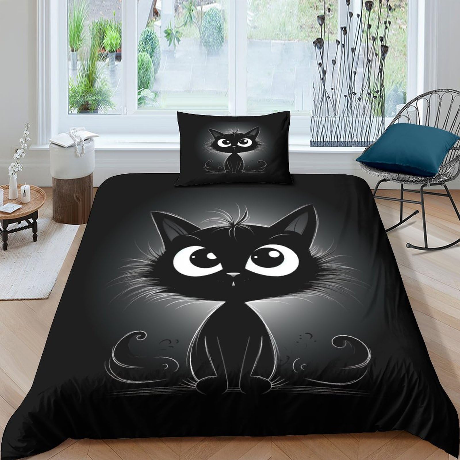 Housse de couette chat noir 3D pour une chambre d'enfant cocooning et moderne