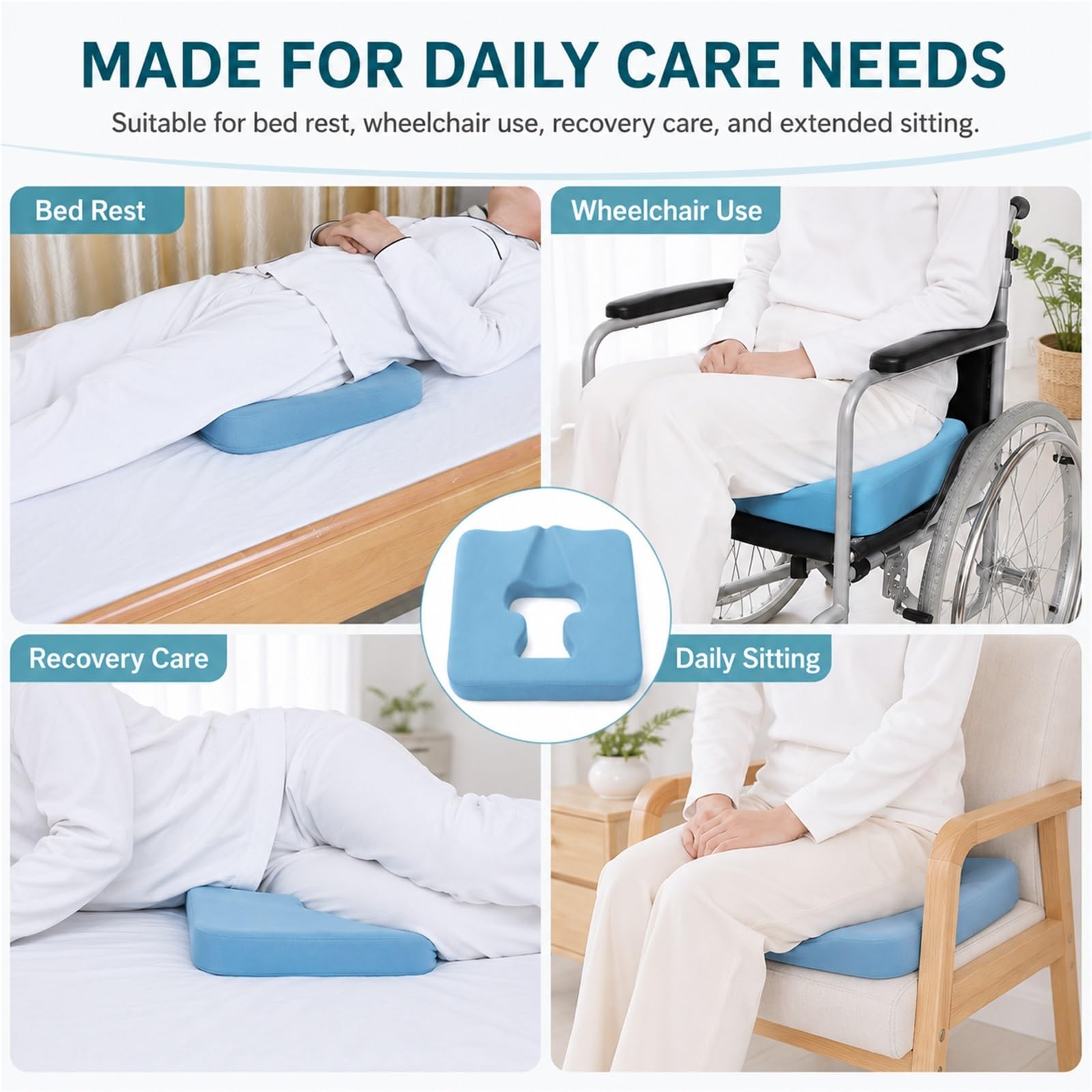 Cojín Antiescaras para Asiento y Cama Cojín de Coxis con Diseño Hueco Transpirable de Espuma Viscoelástica Ergonómica Alivio de Presión para Silla de Ruedas Mayores(Waterproof kit)