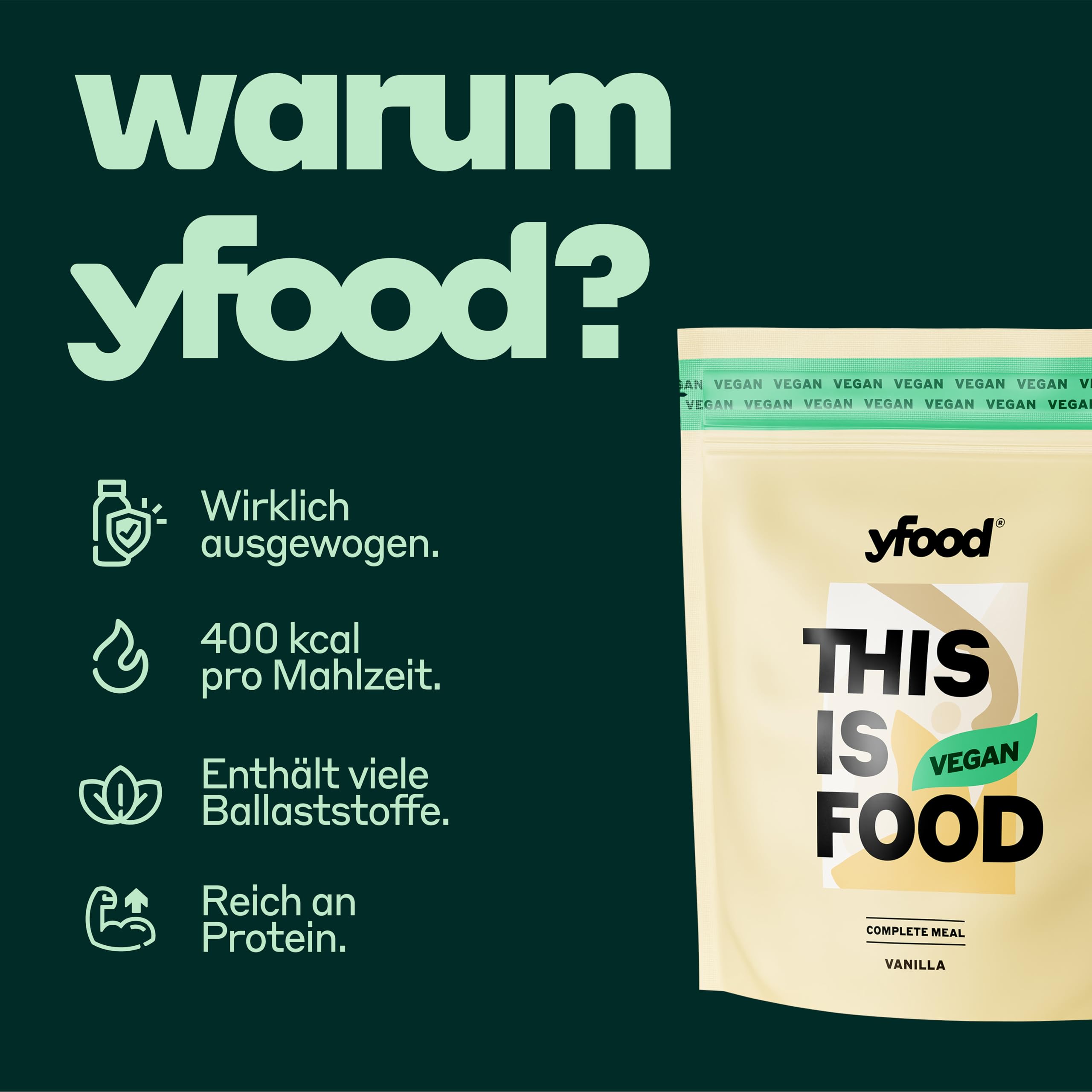 yfood Trinkmahlzeit Vegan Vanilla – 12 Mahlzeiten à 400 kcal in Pulverform – 26 g Protein, Vitamine & Mineralstoffe - Geschmack: Vanille (vegan)