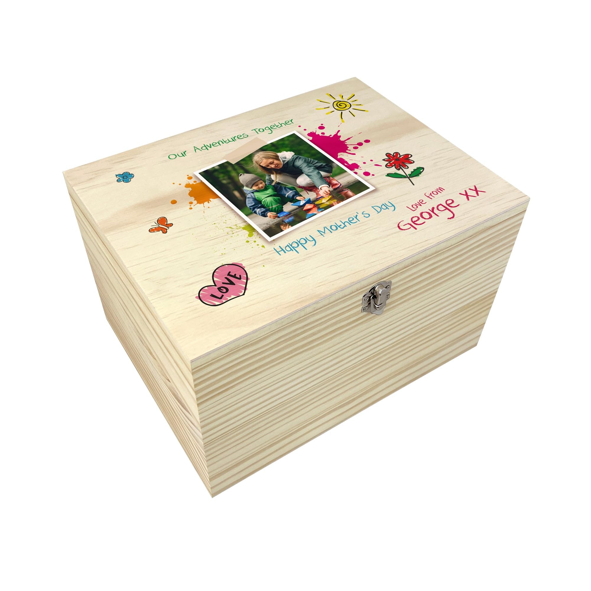 The Lovely Keepsake Company Personalised Our Adventures Together Pine Photo Memory Box - Custom Photo & Text | Anniversary, Wedding, Valentine's Gift | W30 x D22.9 x H18cm