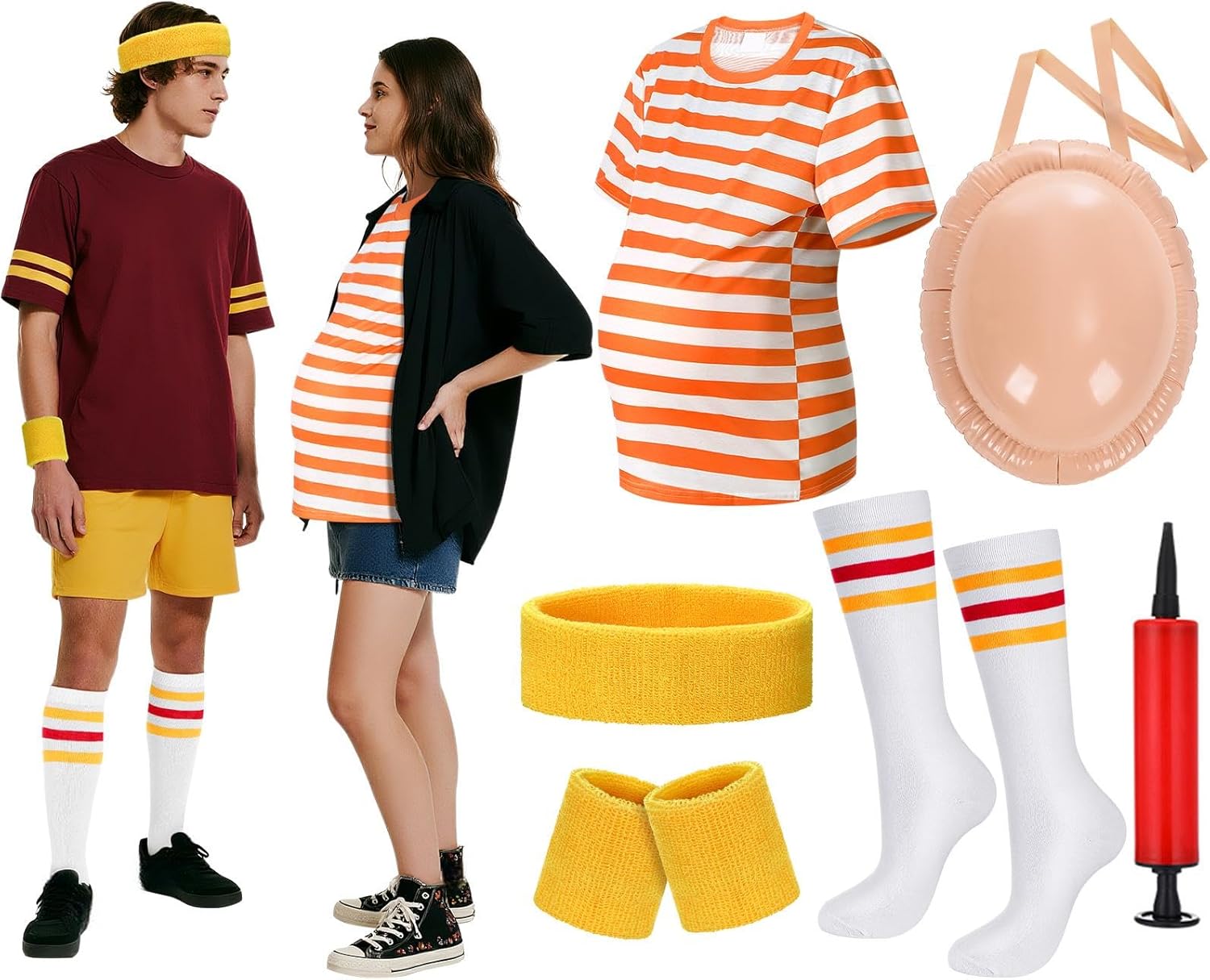 Cozypower 6 Pcs Pregnancy Halloween Couple Costume Inflatable Belly Orange Striped T-shirt Hairband Wristbands Knee Socks