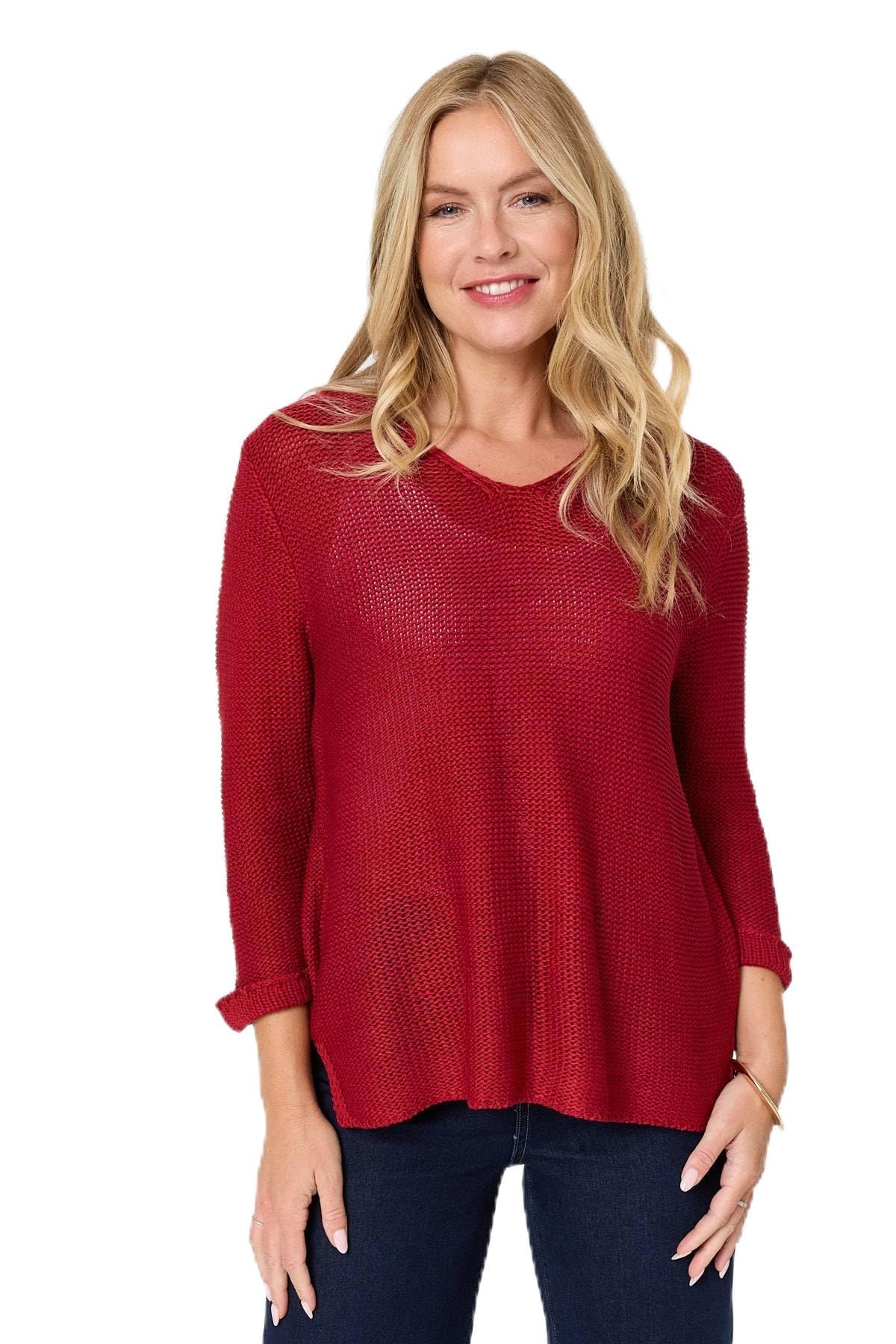 Izabel London Women's Mesh Texture 3/4 Sleeve Relaxed Top in Red | Size: 8-10