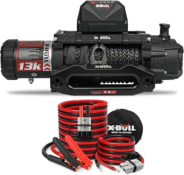 X-BULL Electric Winch 13000 lb. Load Capacity with 79ft Synthetic Rope with 1 Gauge 30FT Heavy Duty Jumper Cables with Quick-Connect Plug