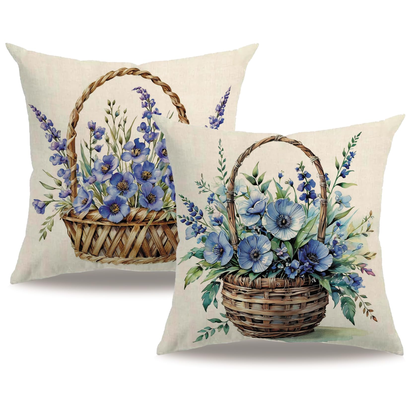 7COLORROOM 2Pack Blue Flower Pillow Covers Outdoor Garden Decoration Cushion Covers Farmhouse Rustic Colorful Spring Flower Home Décor Pillowcases 18x18 inch for Patio Sofa Bed(Blue)