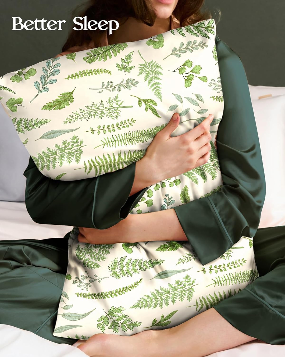 Miss Adola 2 Pack Silk Pillowcase - 20x36 Inch King Size Silk Pillow Case with Hidden Zipper for Women Lady Smooth Soft Breathable Cute Design Pillowcase for Hair and Skin, Green Leaf