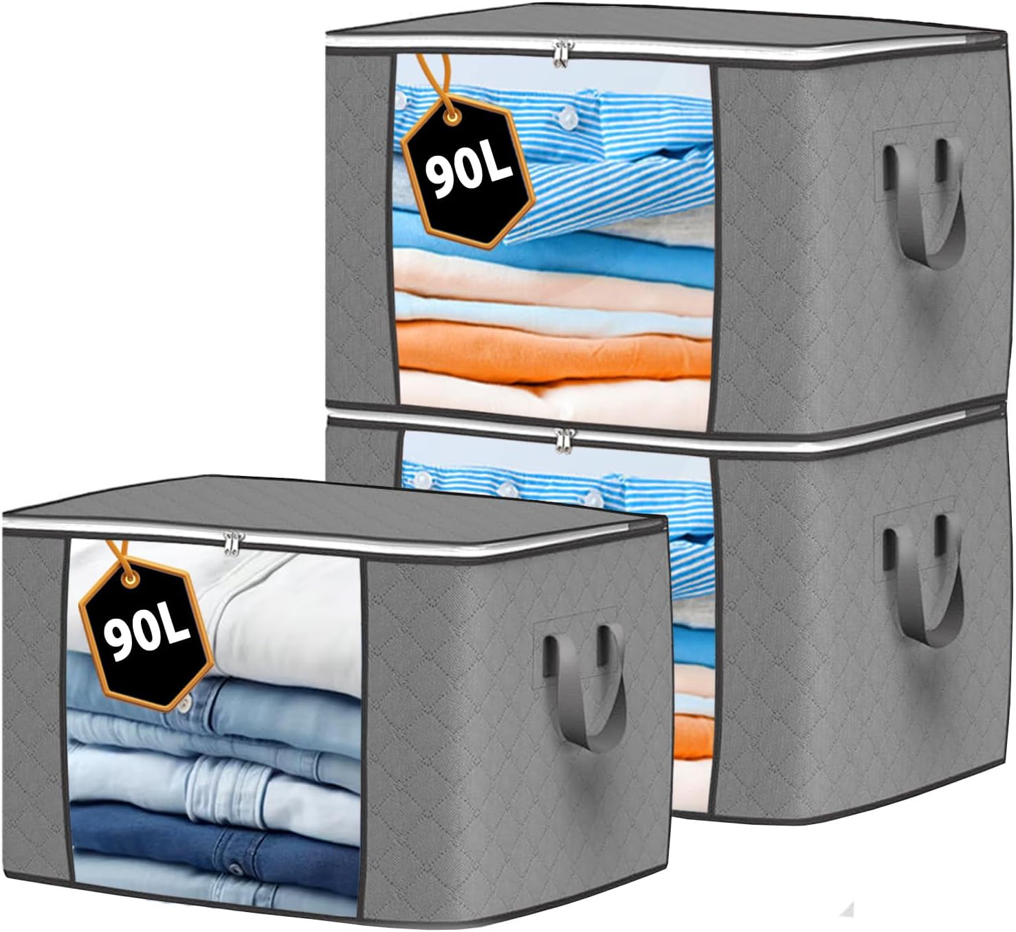 Storage Bags Clothes Organizer 3 Pack Grey, Large Moving Boxes With Top Lid 90L Capacity, 3 Sided Zipper Storage Box. Dust/Mites & Moisture Proof 60 x 43 x 35cm