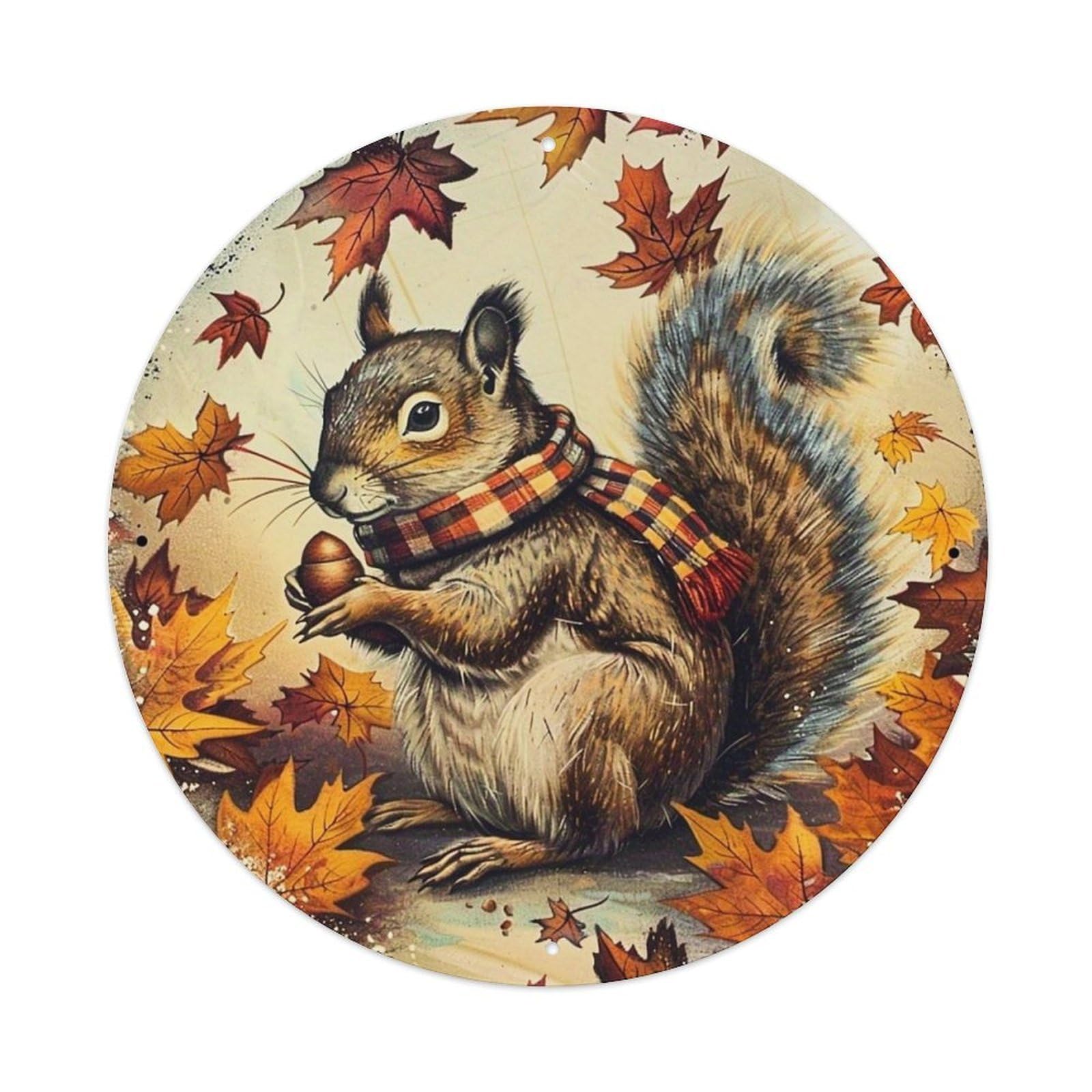 Autumn Leaves Squirrel Scarf Acorn Metal Tin Sign Plaque