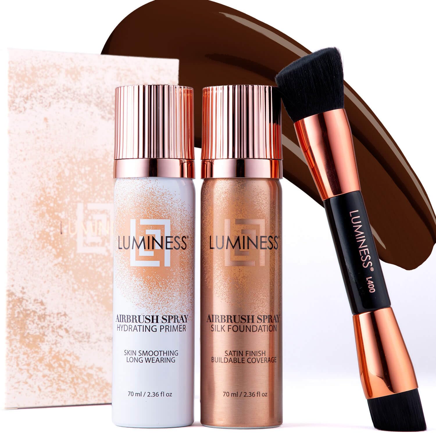 LUMINESS Airbrush Spray Silk Foundation Starter Kit - Light Rich - Foundation, Primer & Dual-Sided Angled Buffing Brush - Medium, Buildable Coverage,