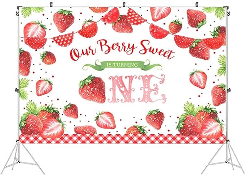 Miniatura 3 de Our Berry Sweet is Turning One Background con tema de fresas para niños, telón de fondo de cumpleaños para niña, cartel de decoración de fiesta de