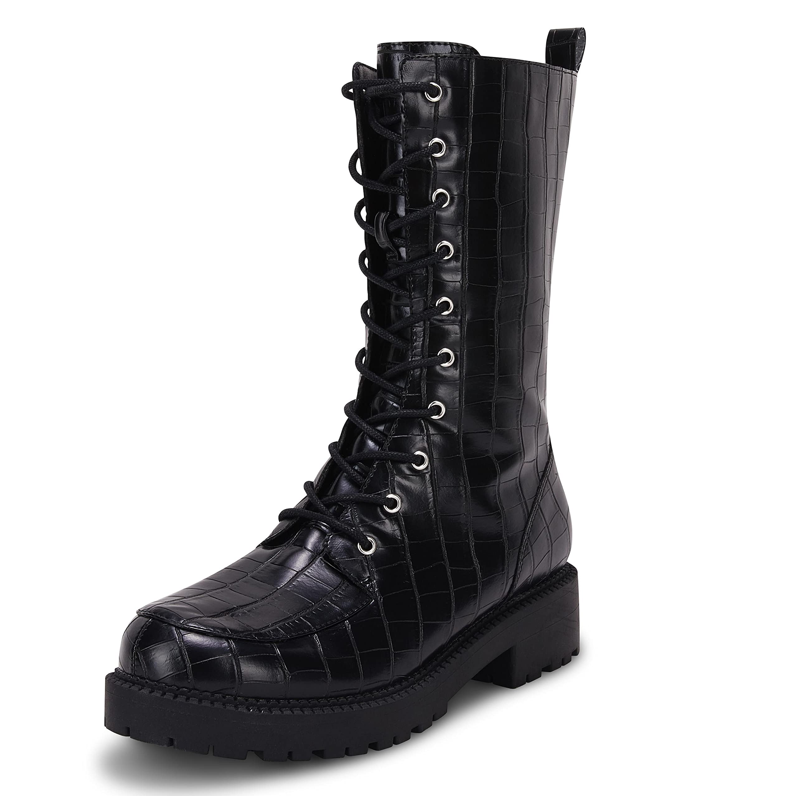 Photo 1 of Coutgo Womens Mid Calf Lace Up Boots Lug Sole Closed Toe Side Zipper Military Winter Combat Boot 5.5 Black