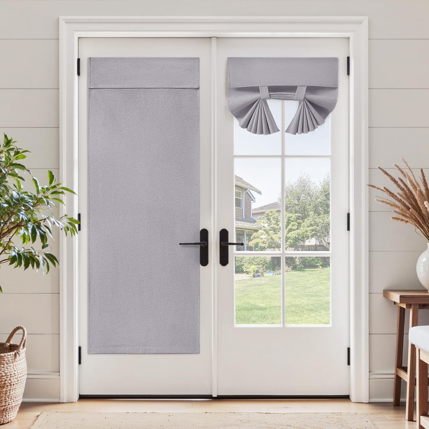 HOMEIDEAS 100% Light Gray Linen Blackout French Door Curtains, Privacy Door Window Curtains, 26 X 72 Inch Room Darkening Blinds, Thermal Insulated Shades for Bedroom, 1 Panel