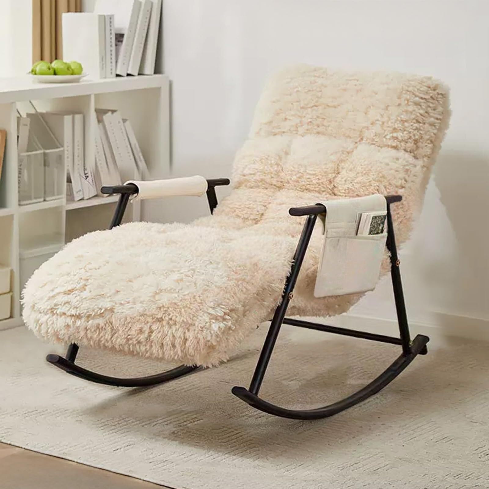 YXCUIDPRocking Chair with Side Pockets,Comfortable Upholstered Rocking Chair,Rocker Chair with Adjustable Backrest, Modern Relax Armchair for Bedroom, Living Room(Gold)