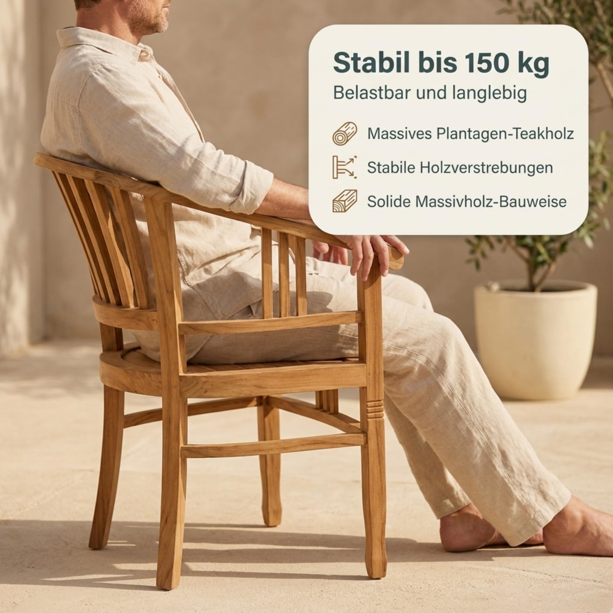 SAM Premium Gartensessel Moreno, Gartenstuhl Teakholz massiv lackiert, Armlehnstuhl mit gerundeter Lehne bis 150 kg, wetterfest für Garten Terrasse Balkon Wintergarten Outdoor, Unikat