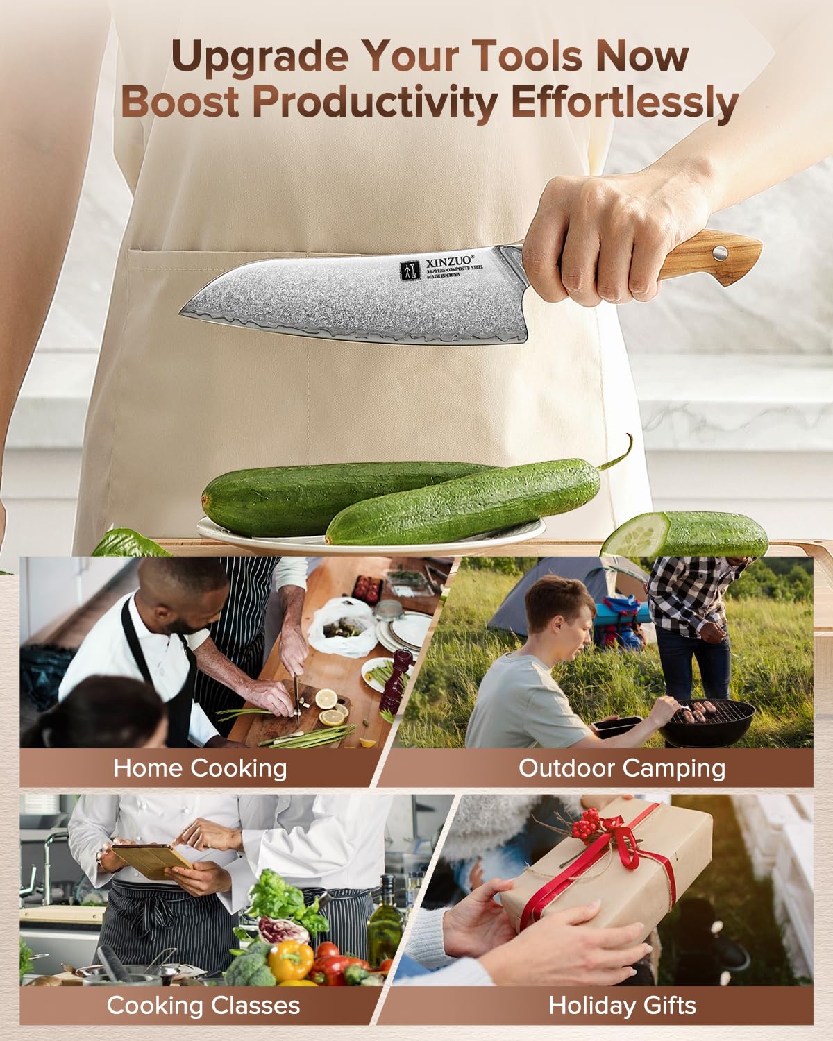 XINZUO 18,5cm Cuchillo Santoku Profesional Acero Compuesto Cuchillo de Cocinero de Cocina Acero Inoxidable de Alto Carbono -para Carne, Verduras, Pescado y Fruta -Mango Ergonómico de Madera de Olivo