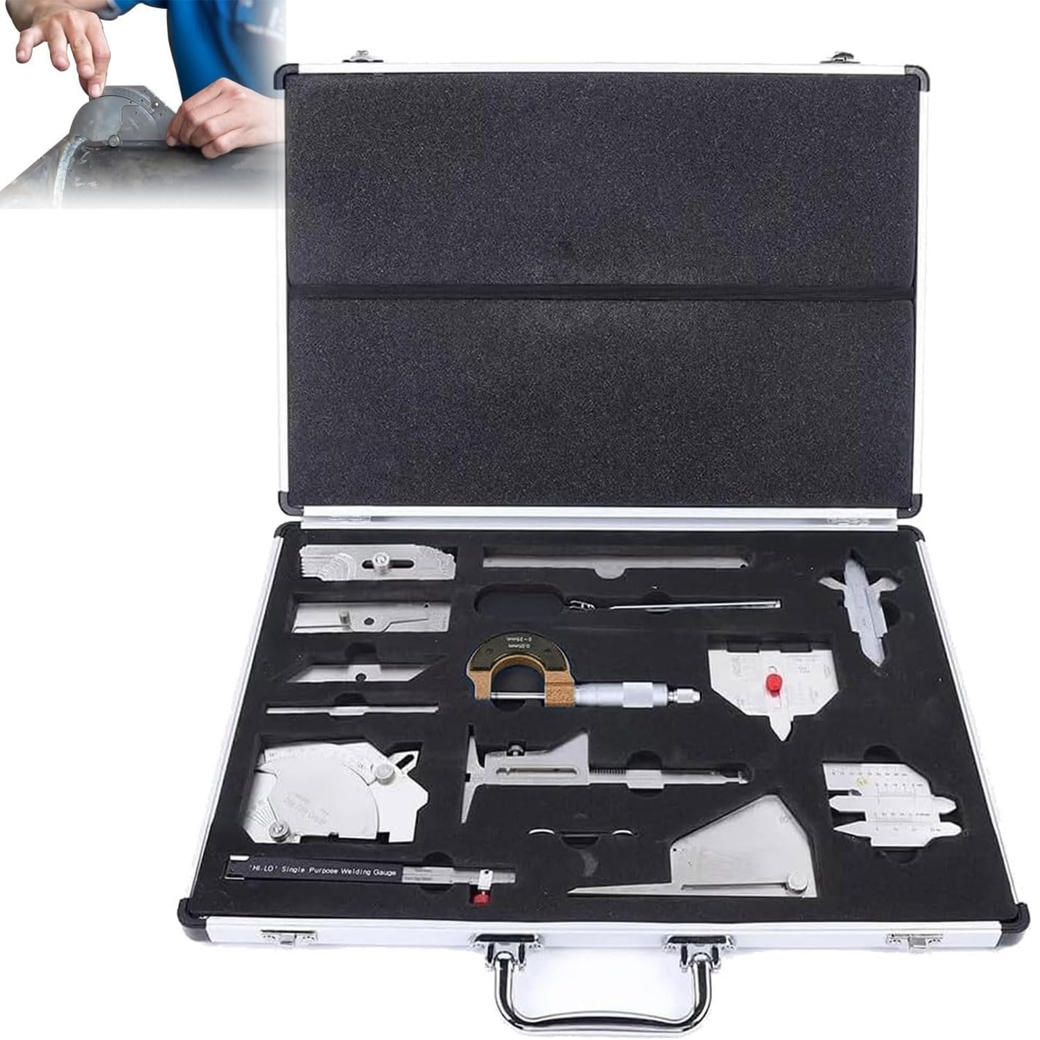 Juego de 13 reglas de medición, kit de inspección de herramientas de calibre de soldadura con regla de 0 a 150 mm, calibre de soldadura de filete, espejo de inspección en caja tipo maletín