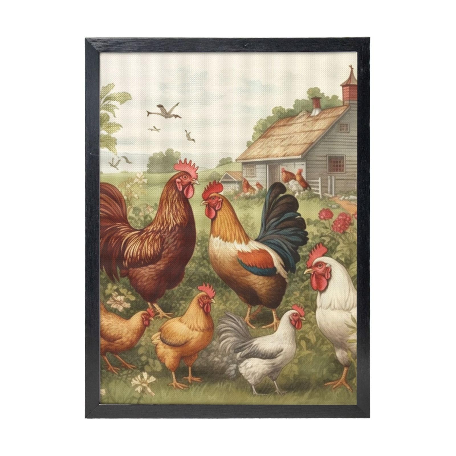 Framed Wall Art - Decorative Canvas Painting Chickens and Farm Pictures Poster Aesthetic Modern Prints Artwork for Bedroom Office Wall Decor Ready To Hang 12x16 in