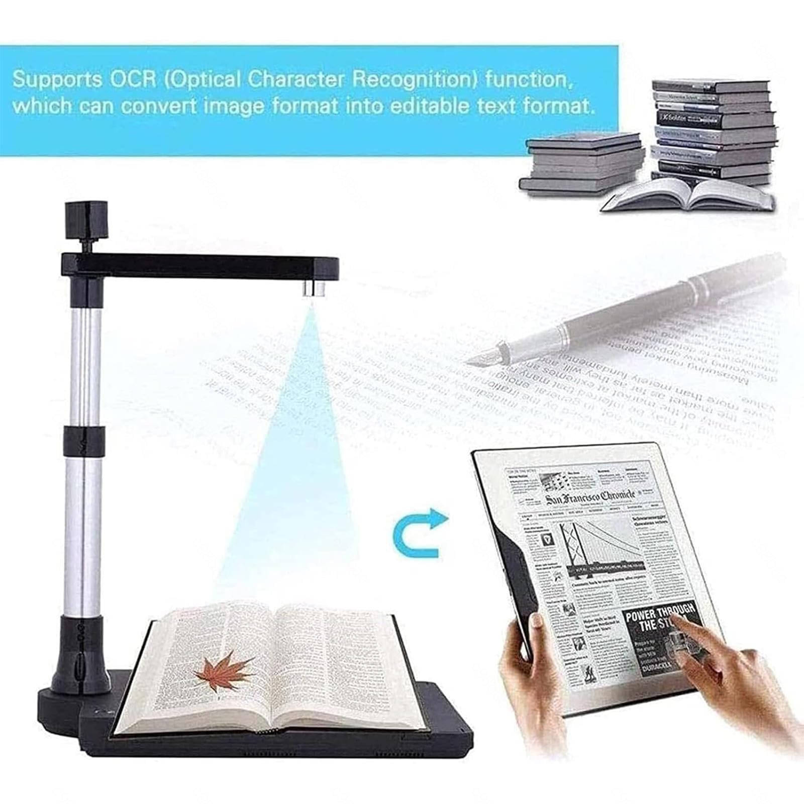 Escáner de documentos y libros, cámara de documentos USB de alta velocidad A3/A4 con 2 luces LED, tecnología OCR, lente dual de 10 MP y 2 MP para archivar, escuela y oficina