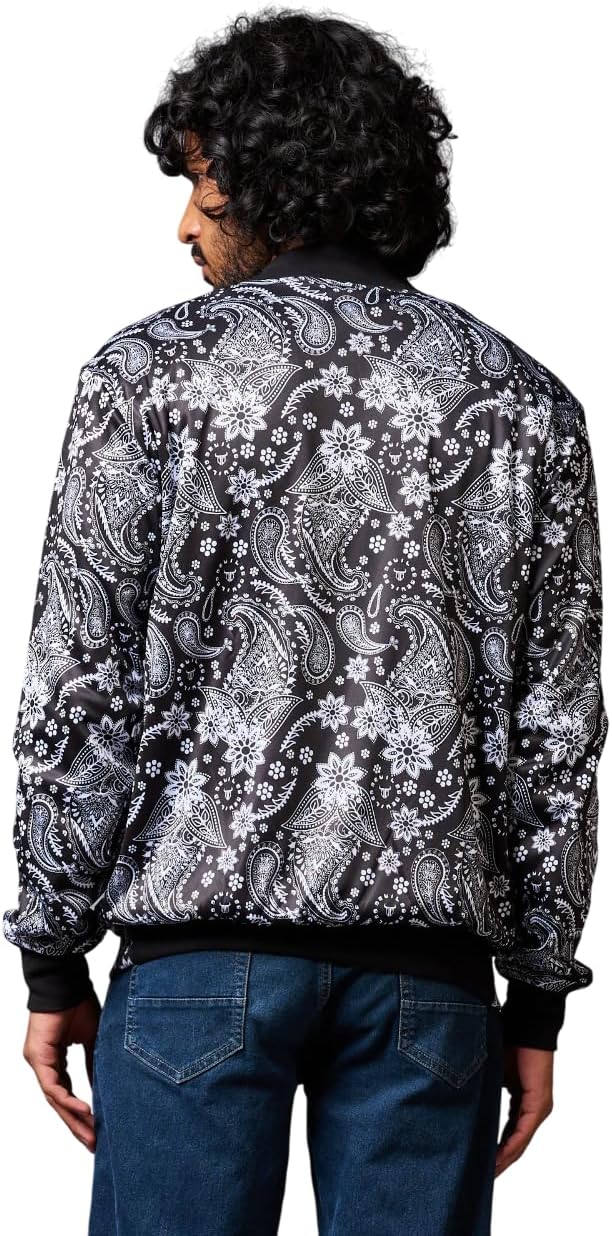 Go Devil Men's Bomber Jacket Paisely Design Floral Printed Stand Collar Long Sleeve Zip Up Unisex Sweatshirt Casual Outfits