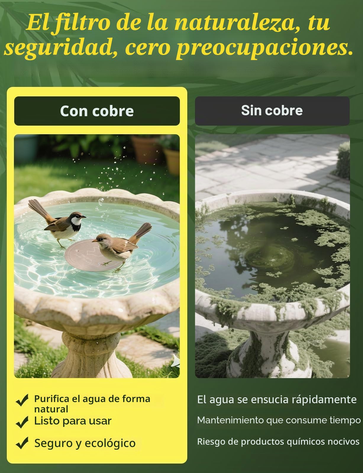 Mellbree Disco de cobre puro para baño de pájaros, limpiador de baño de pájaros de 0,6 mm, mantiene el agua física segura y limpia para todas las estaciones, apto para baños y cuencos al aire libre