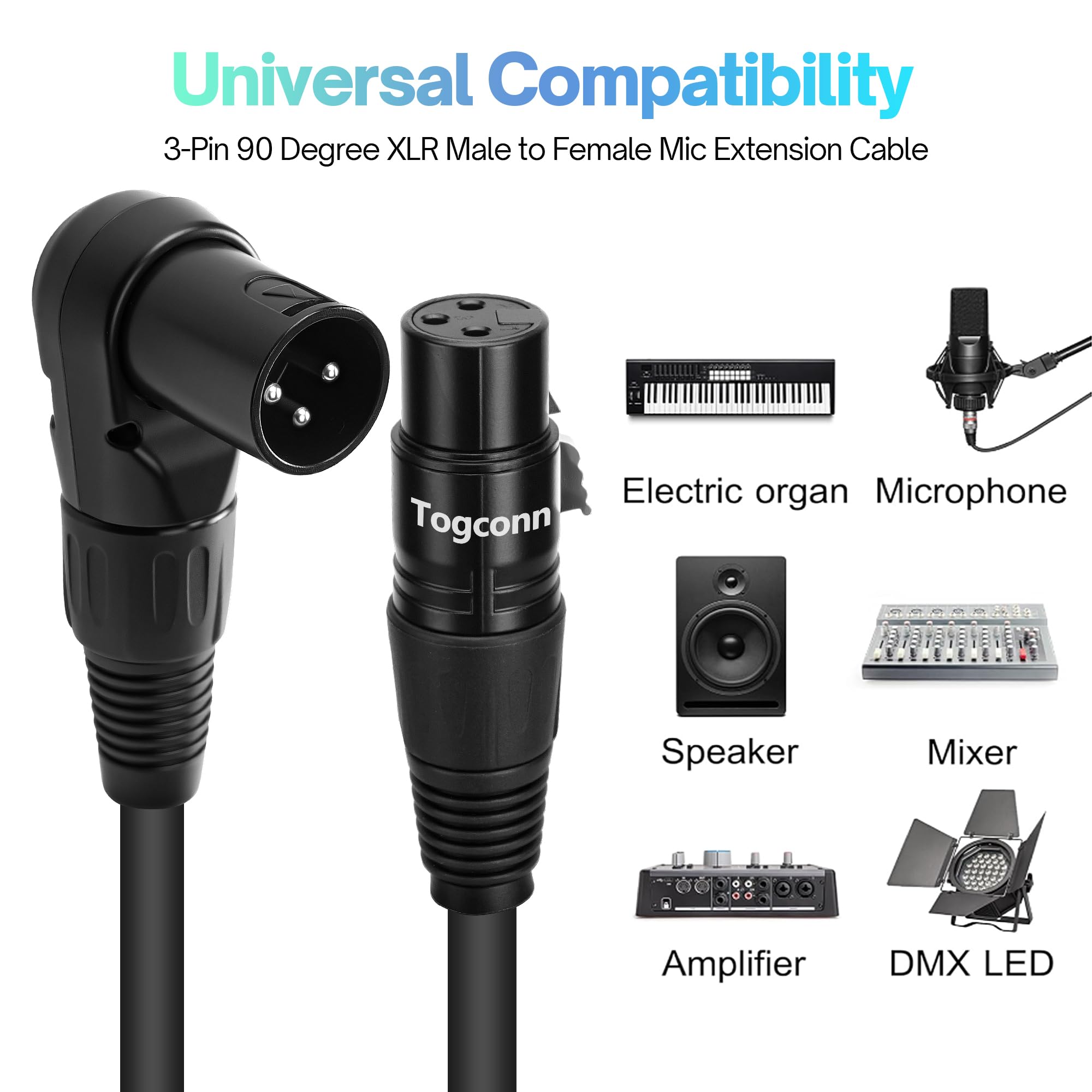 Paquete de 6 adaptadores de cable de extensión de micrófono XLR en ángulo recto de 0.6 pies, conector XLR macho a hembra recto de 3 pines para altavoz, estudio de grabación, mezclador de micrófono