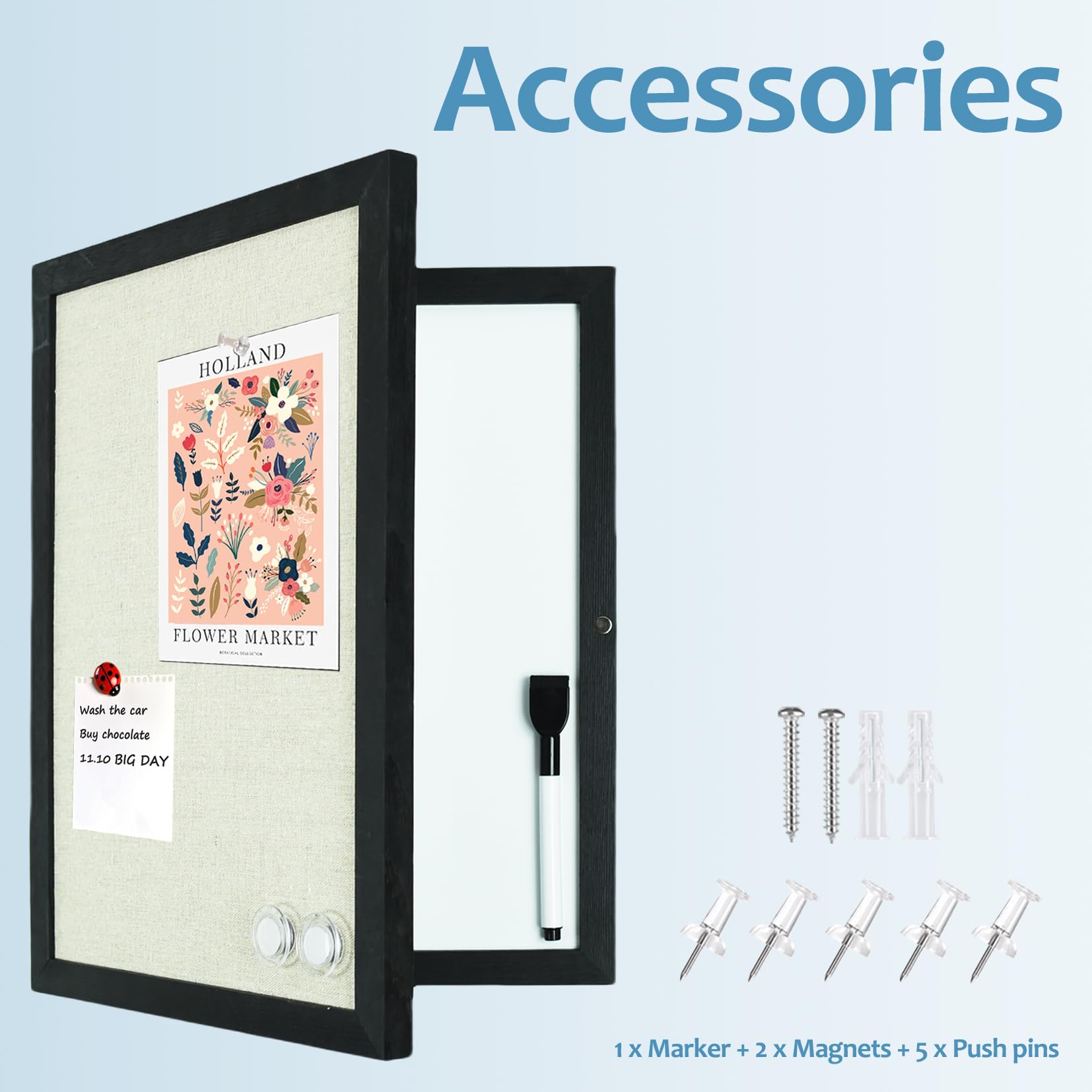 Magnetisches, trocken abwischbares Whiteboard mit schwarzem Holzrahmen, grauer Stoff Pinnwand außen und Whiteboard innen, 30 x 40 cm
