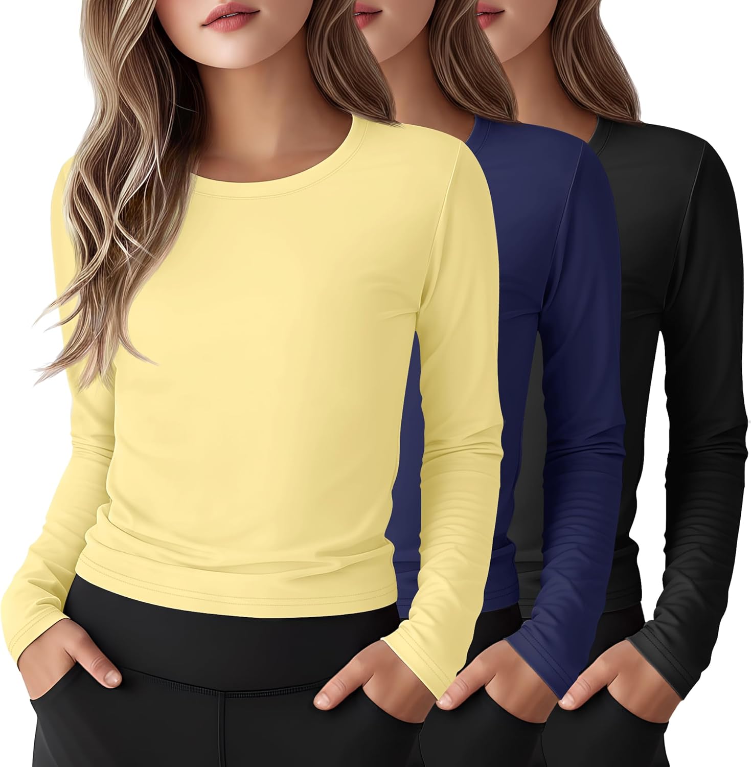 3 Pack Girls Long Sleeve Athletic Yoga Shirts Kids Quick Dry Tops Crewneck Teen Basic Tees Activewear for Sports