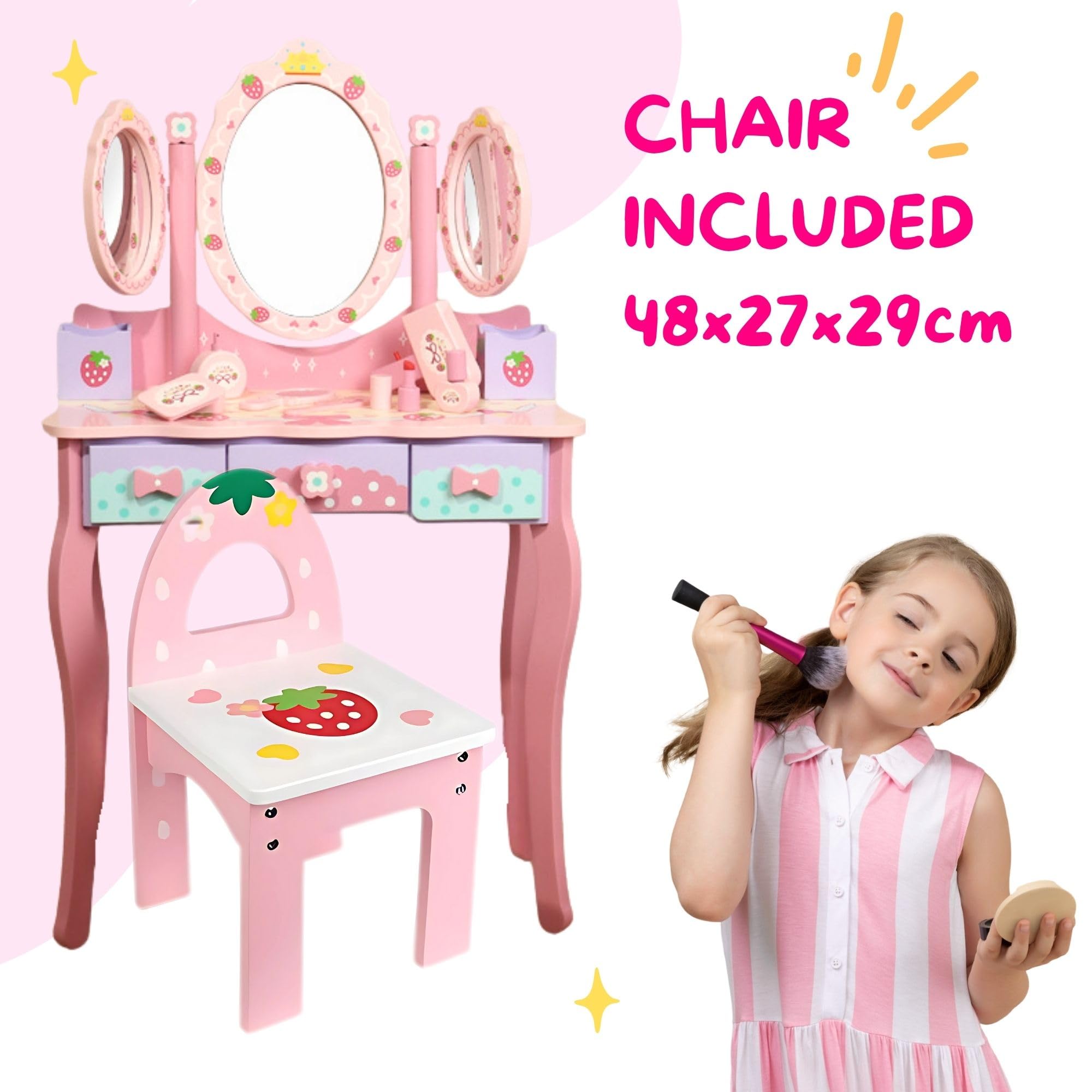 Tocador Infantil de Madera con Taburete y Cajones. Mesa de Maquillaje para Niñas con Accesorios y Espejo Plegable. Juego de Tocador de Maquillaje y Silla para Niña +3 Años, para Regalo de Cumpleaños.