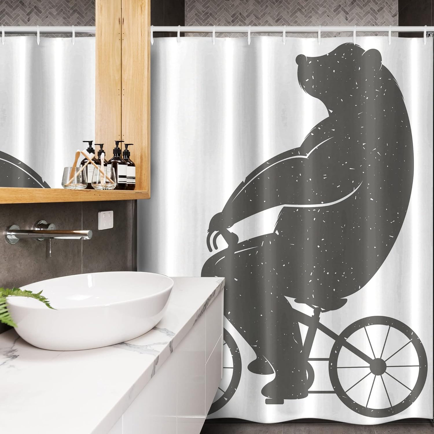 Ambesonne Vintage Stall Shower Curtain, Bear on a Bike Humor Parody Modern Funny Cycling Hipster Art Print, Fabric Bathroom Decor Set with Hooks, 54" W x 78" L, Grey