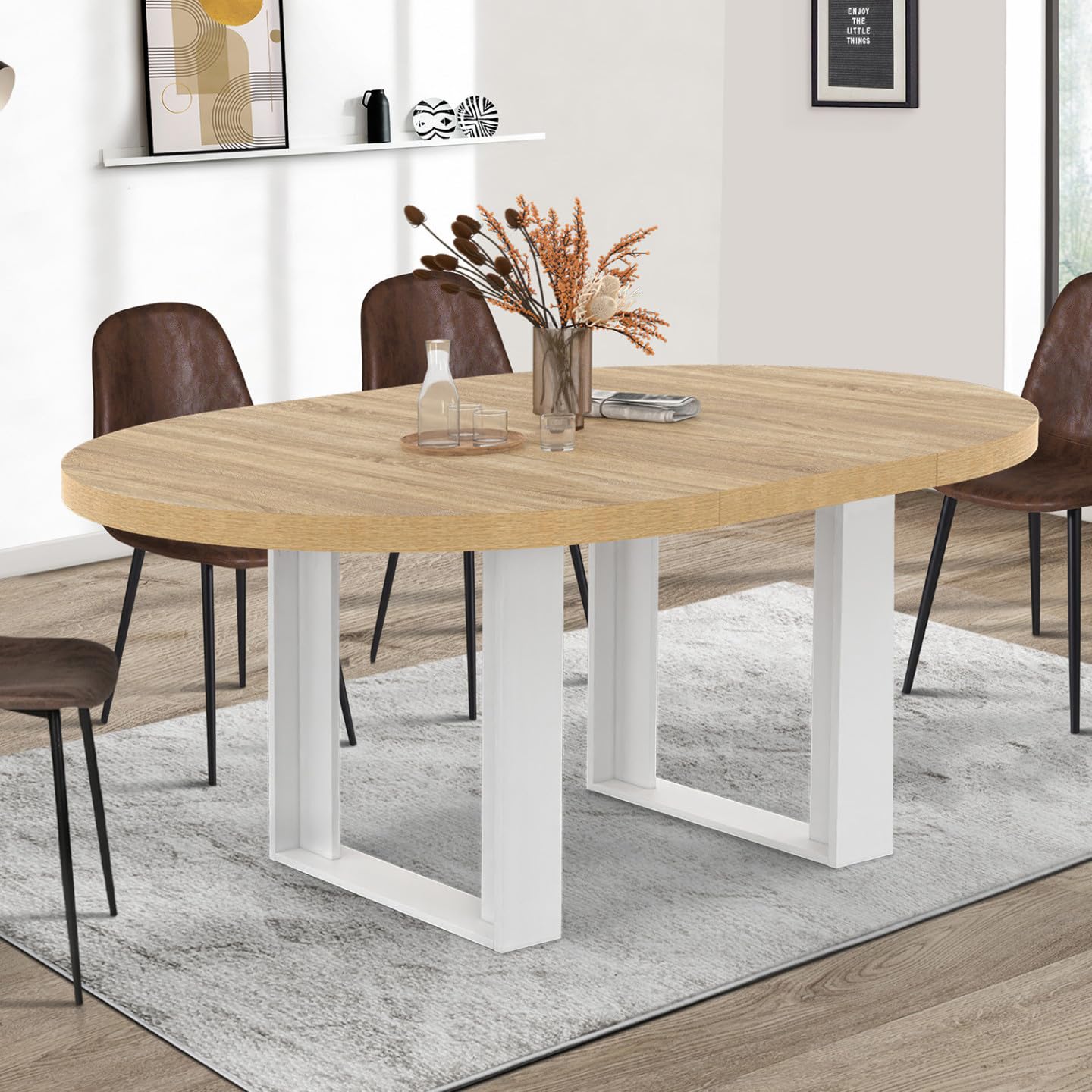 IDMarket Phoenix - Mesa de comedor extensible redonda (4 – 6 personas, madera y blanco, 110 – 150 cm)