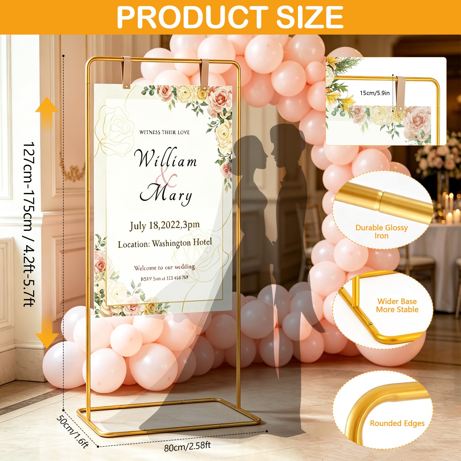 Willkommensschild Ständer Hochzeit 175x80x50cm Gold Metall Verstellbarer Posterhalter mit Lichterkette