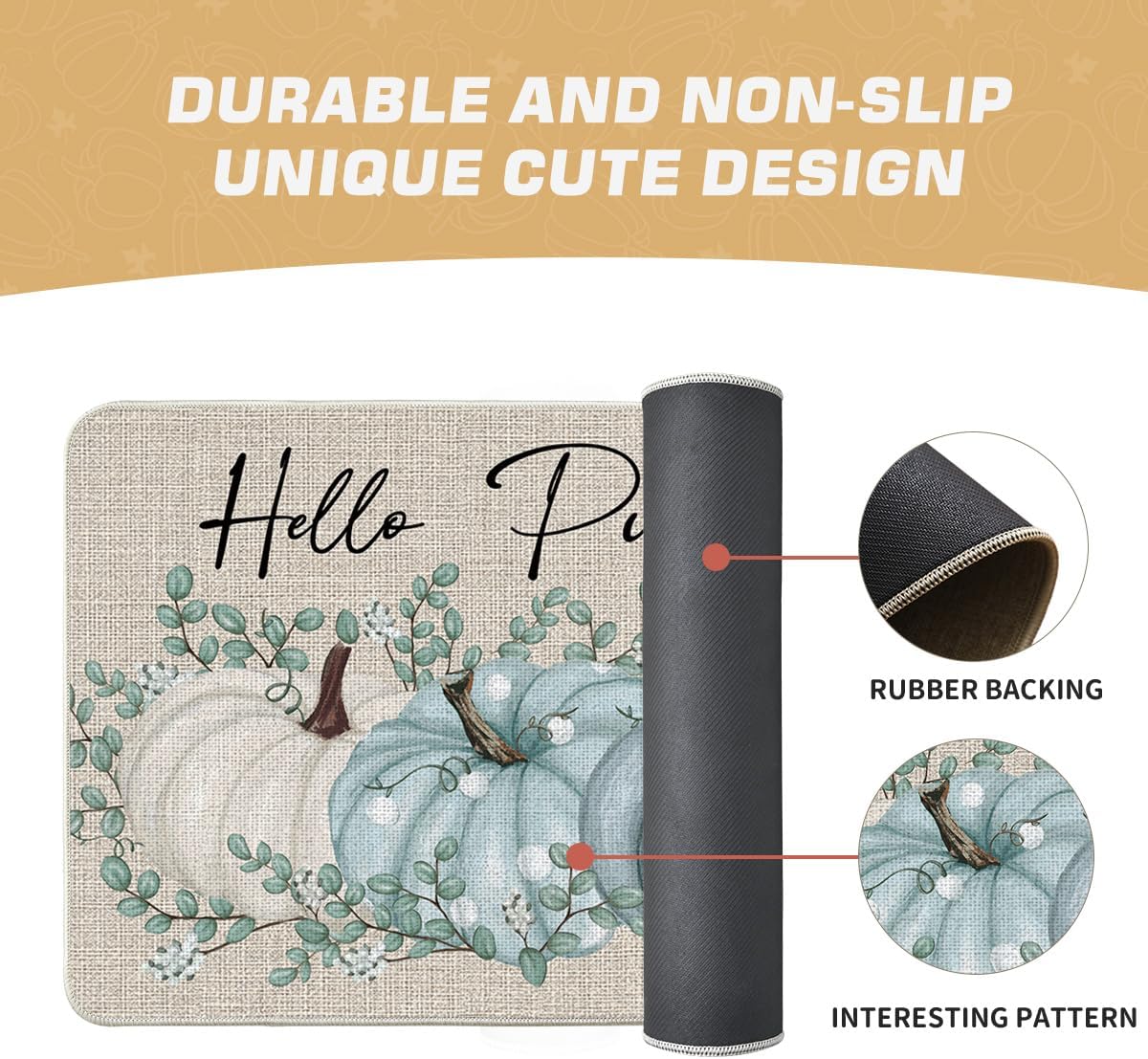 Artoid Mode Hello Pumpkin Eucalyptus Fall Doormat, Autumn Home Decor Low-Profile Switch Rug Door Mat Floor Mat for Indoor Outdoor 24x35 Inch