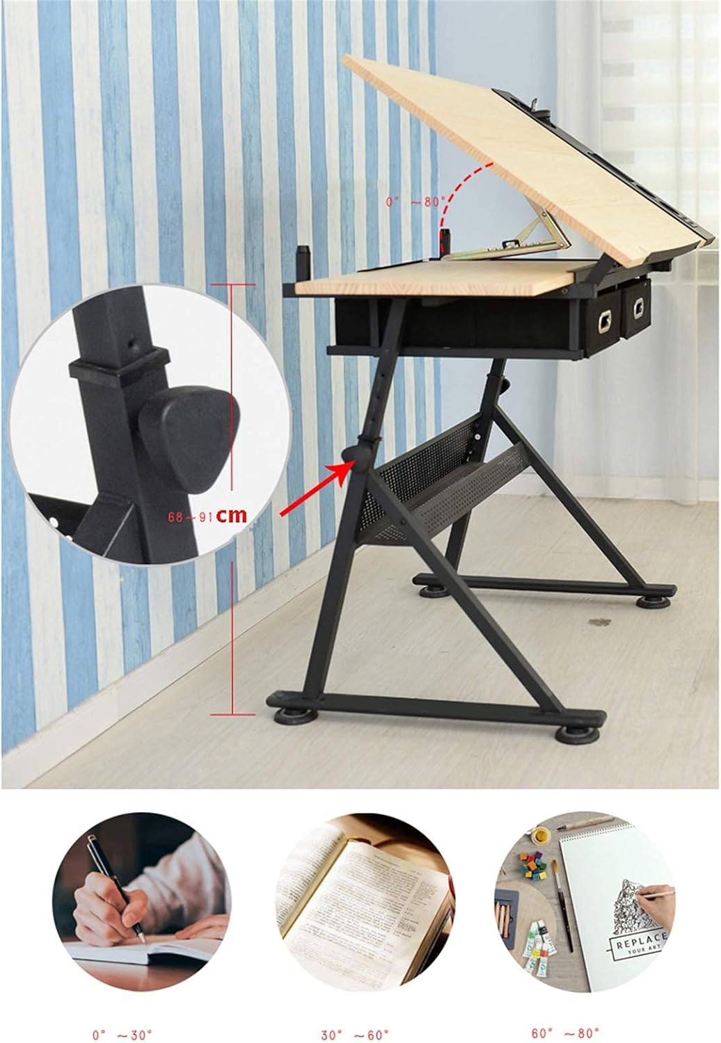 Adjustable Drafting Desk with Tiltable Tabletop, 2 Storage Drawers, Art Writing Reading Workstation, Natural Finish
