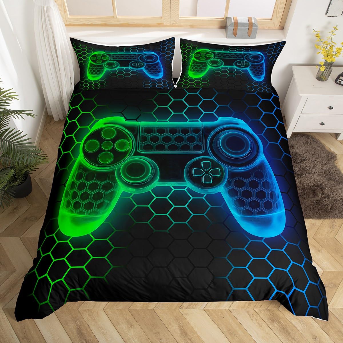 Loussiesd Kids Gamer Honeycomb Duvet Cover Set Single Size For Boys Girls Teens Gaming Geometric Bedding Set Blue Green Neon Gamepad Comforter Cover with 1 Pillowcase Game Room Decor Beds Set