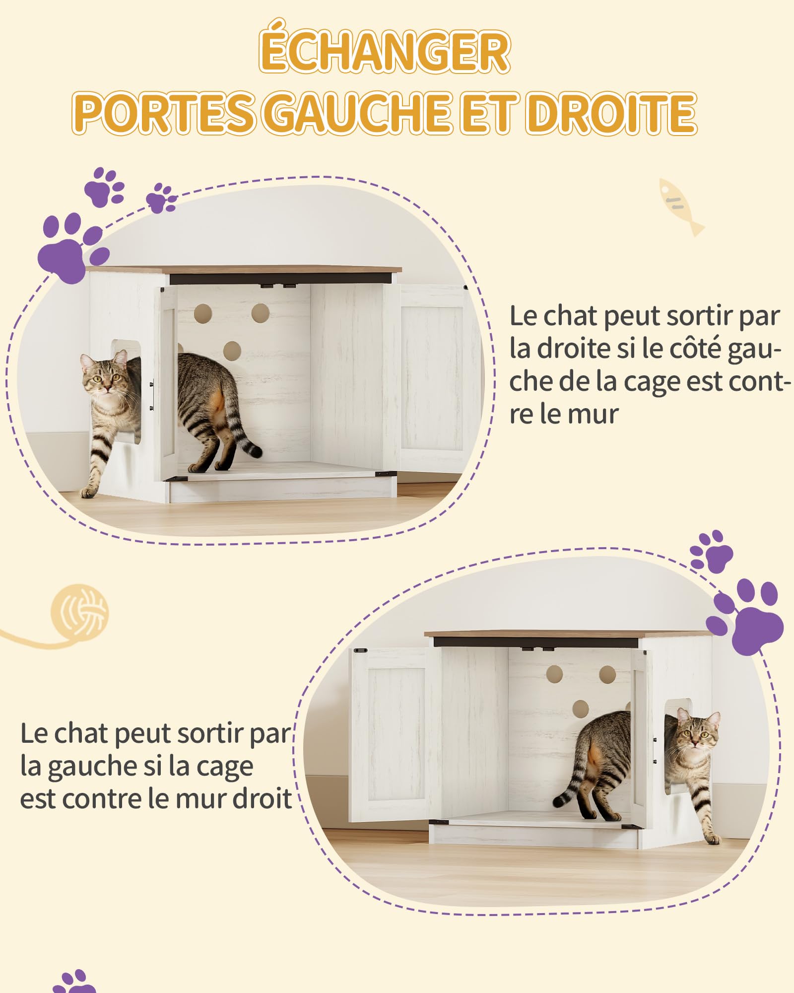 Hzuaneri Arbre à Chat avec Meuble Litiere Chat, Mangeoire, Hauteur 173 cm, avec Grande Plateforme, Corde en Sisal, Hamac, Coussin Lavable, Balles en Peluche, Blanc et Marron CB89014WT