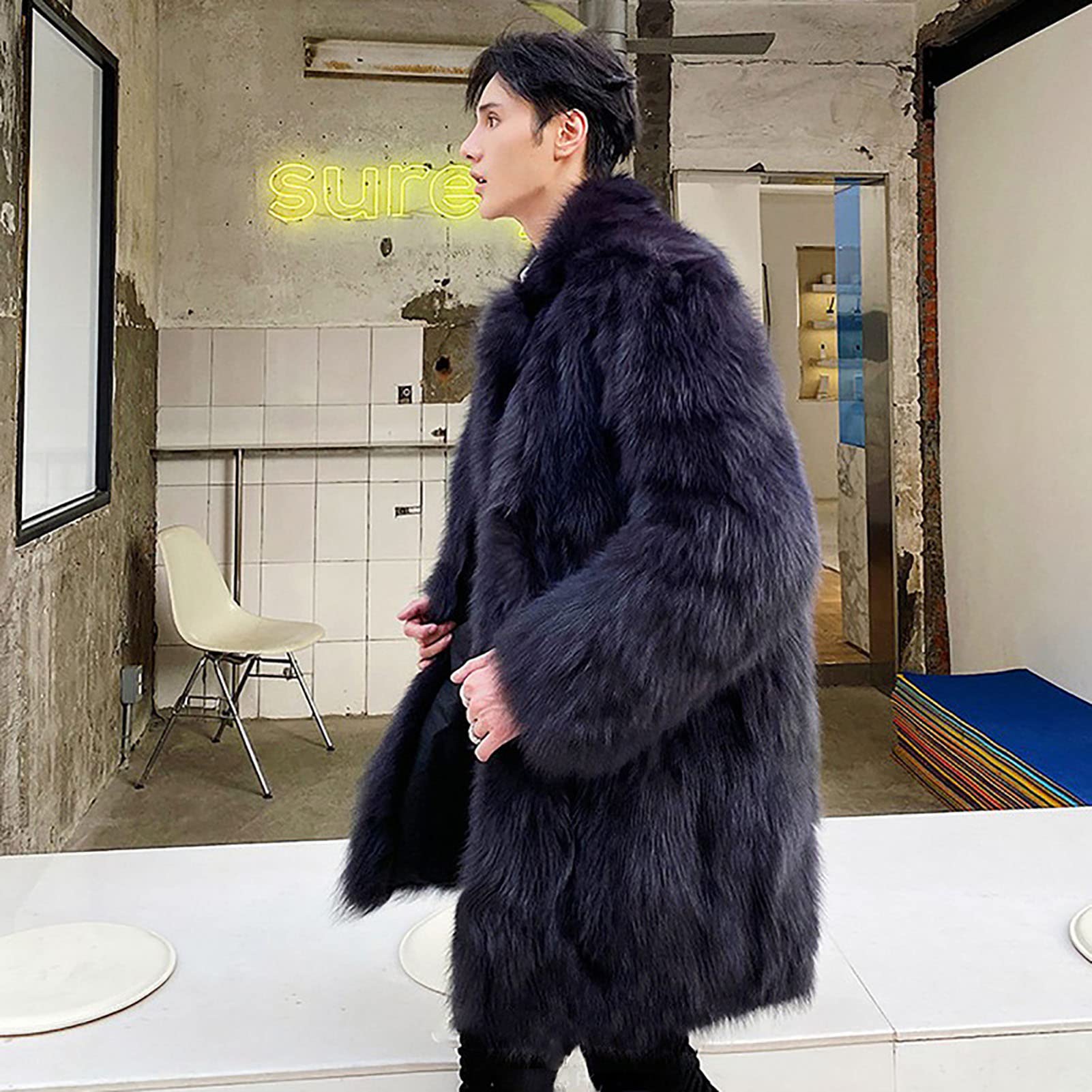 Amazon.co.jp: 男性の高級フェイクファーコート冬の毛皮のような